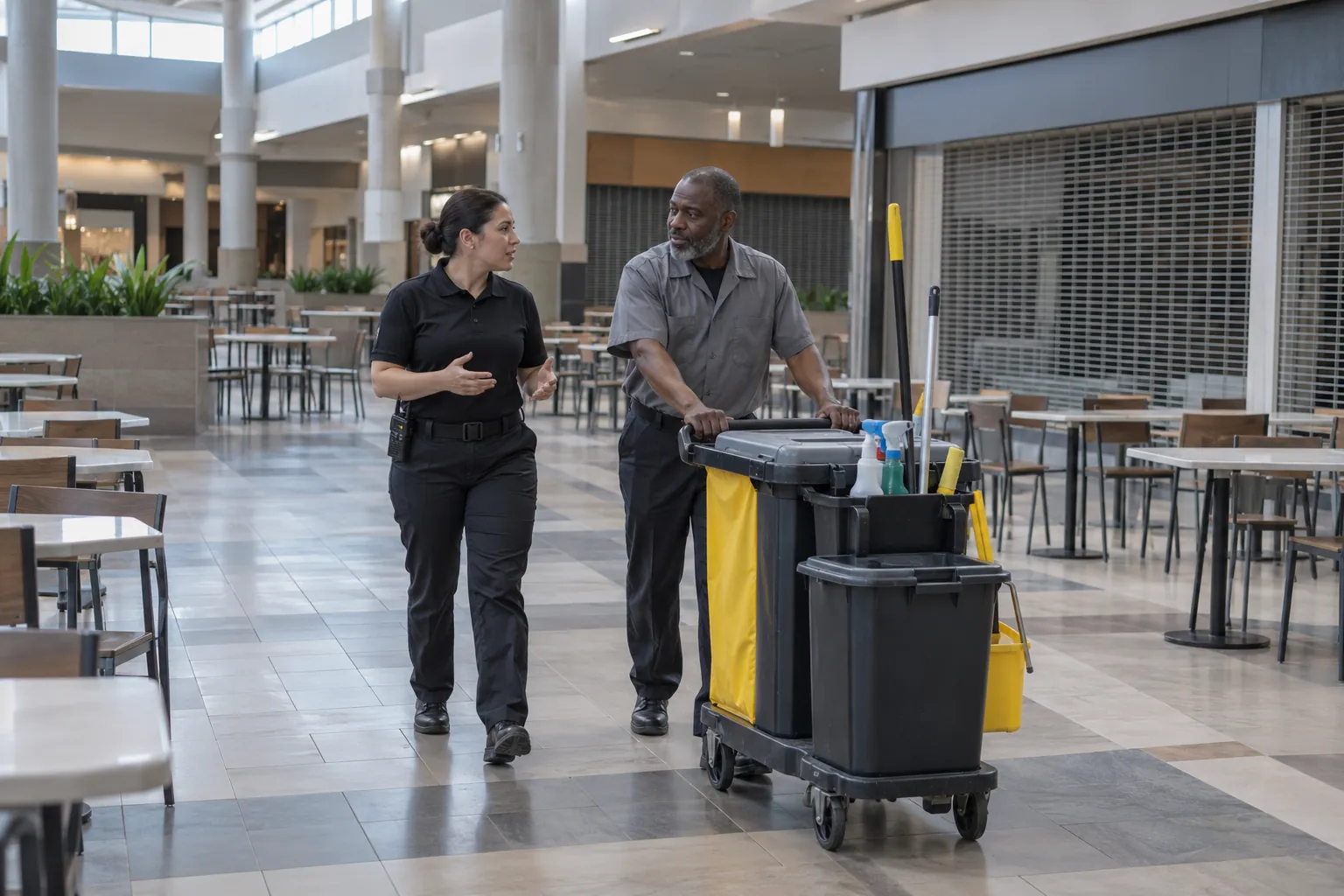 A security officer and a custodian with a cart walking and talking through an empty mall food court before opening.