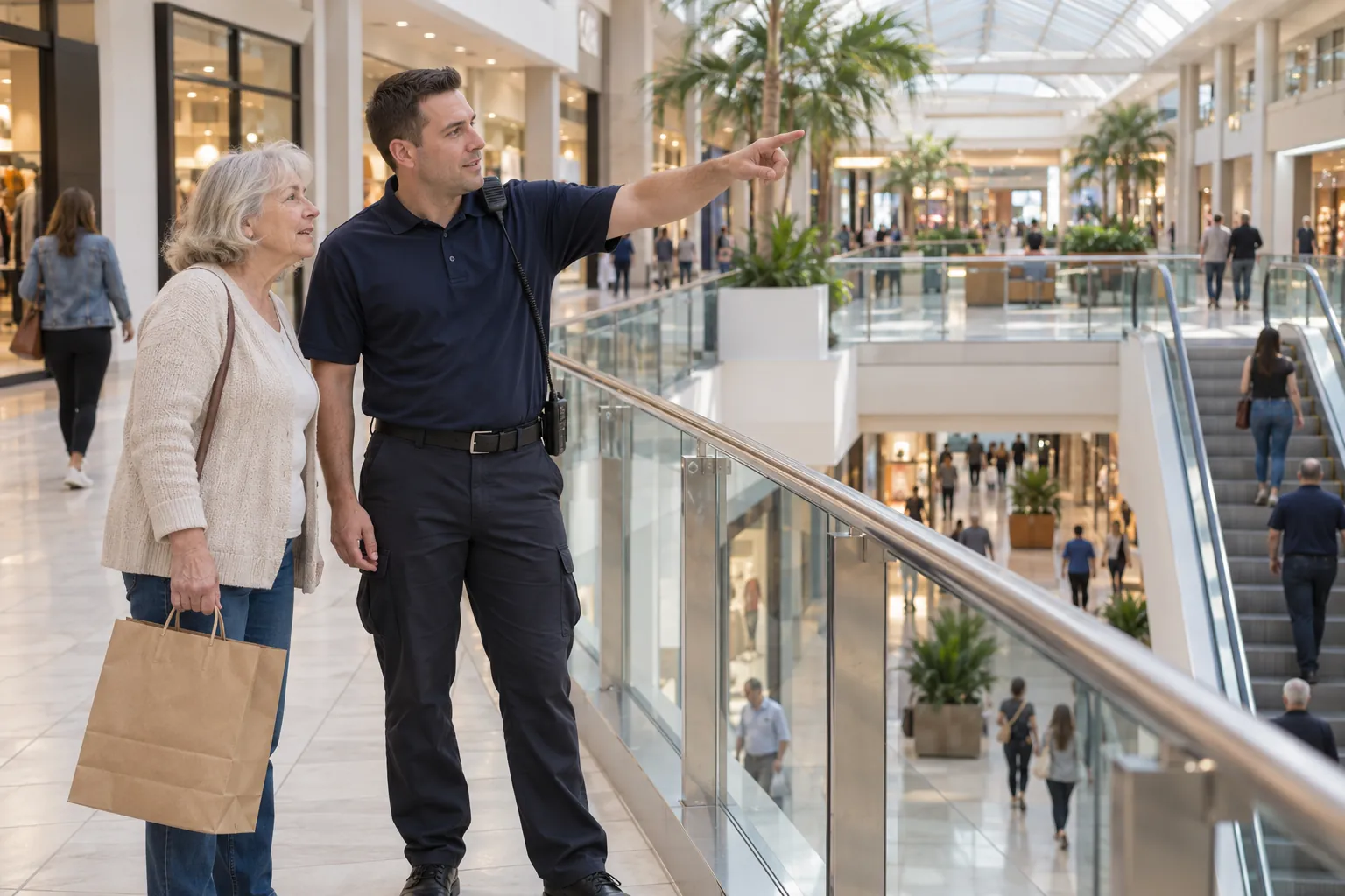 A mall security officer in a navy polo pointing along the upper concourse as he gives directions to an older woman shopper.