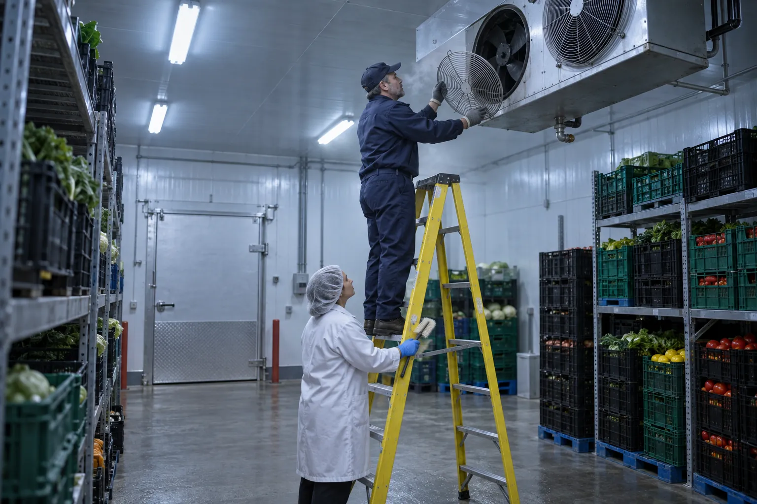 A maintenance worker on a step ladder removing a cooler fan guard while a sanitation worker in a white frock steadies the ladder.
