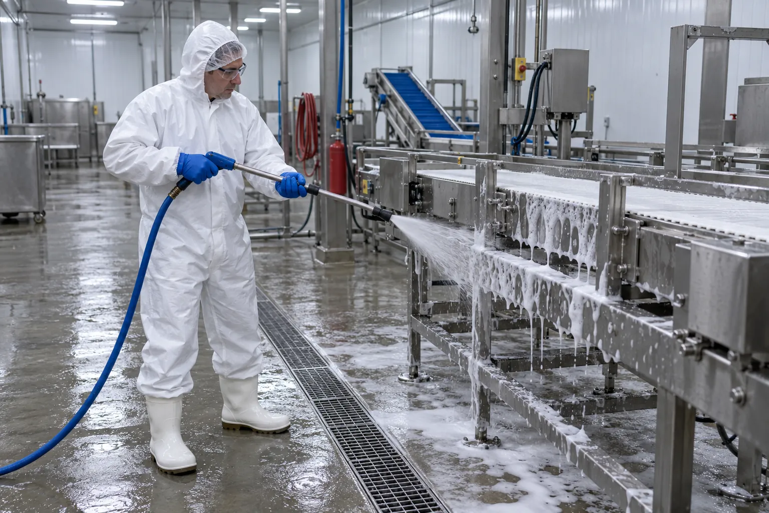 A sanitation worker in white rain gear and rubber boots foaming a stainless-steel conveyor in a food plant at night.