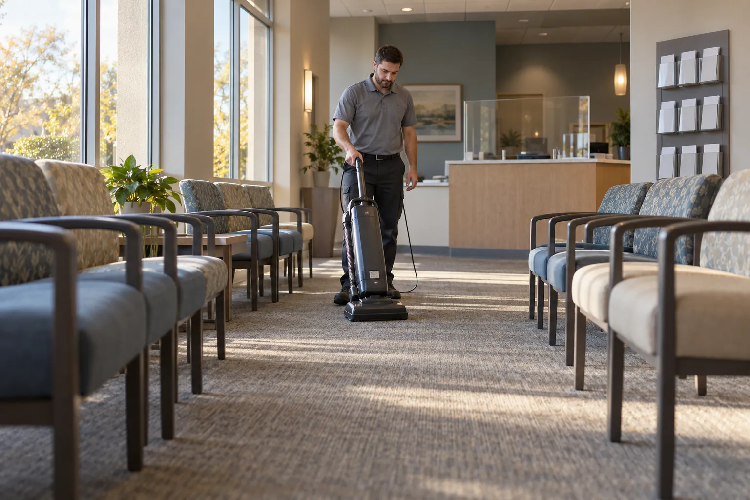 A custodian vacuuming the carpet between rows of chairs in an empty clinic waiting room, the check-in counter behind him.