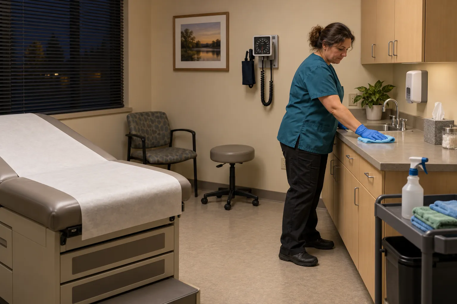 A cleaner in gloves wiping the counter beside the sink in an empty doctor's office exam room, the exam table in the foreground.