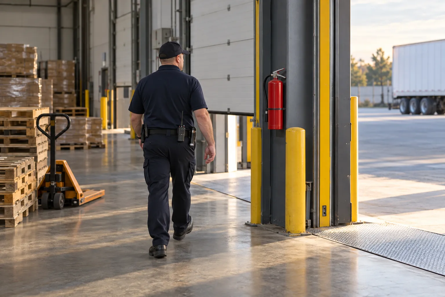 A security officer on patrol walking past a column-mounted fire extinguisher on a warehouse loading dock.