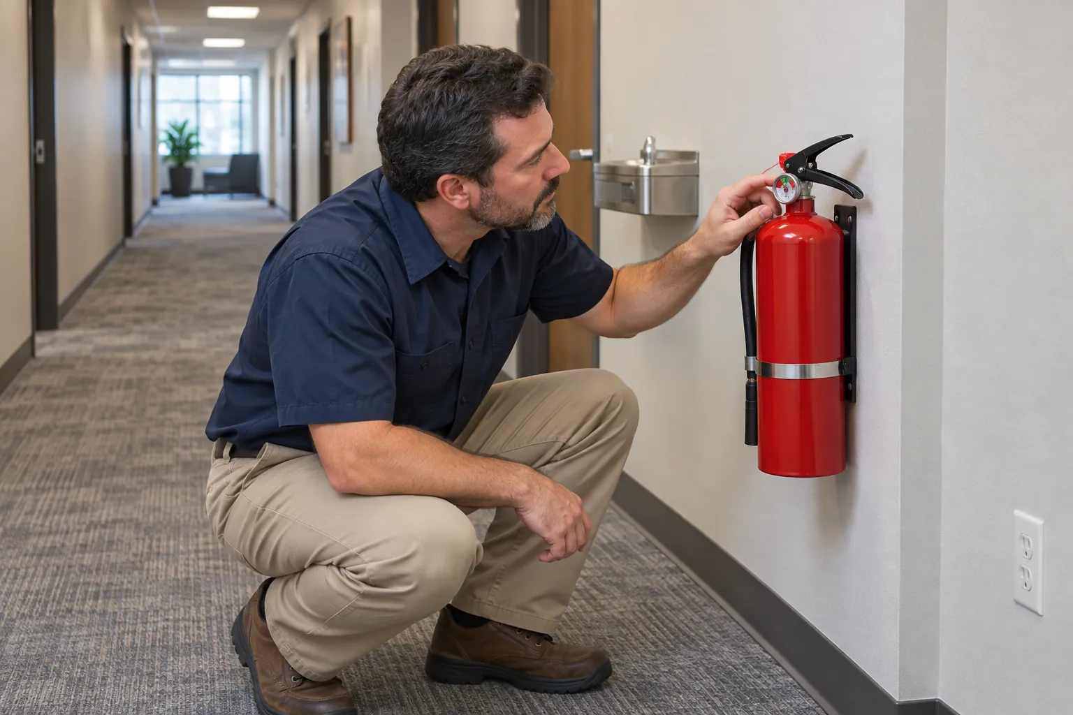 A building engineer crouching to check the gauge and seal on a wall-mounted fire extinguisher in an office corridor.