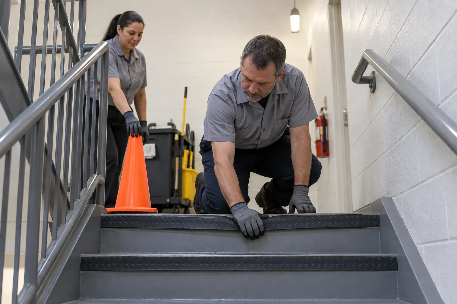 A custodian checking a loose stair tread as a colleague sets a safety cone on the landing.