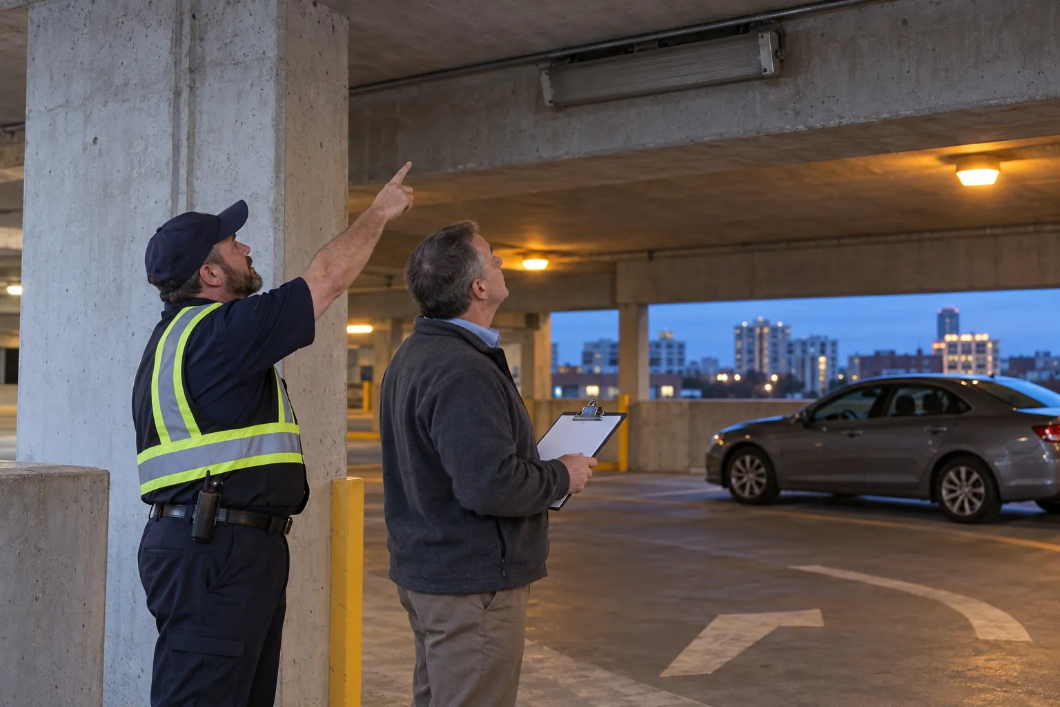 A security officer in a parking garage pointing out a dark light fixture to a facility manager.