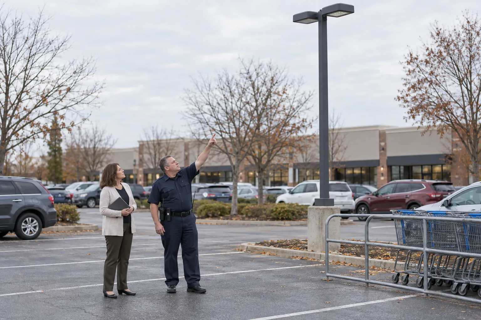 A security officer pointing out a parking lot light pole to a store manager beside a cart corral.