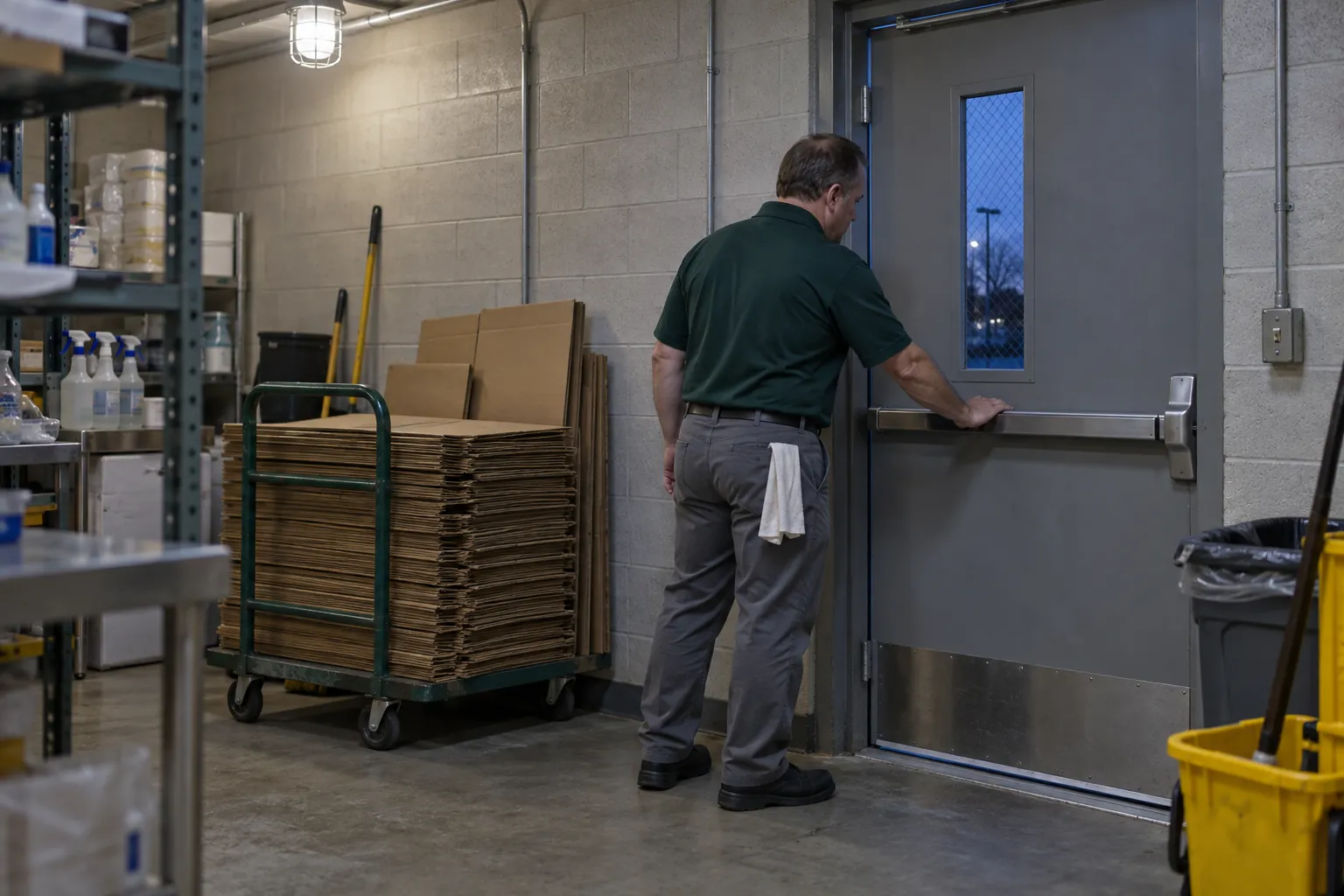 A custodian checking that the rear receiving door of a store stockroom is latched in the evening.