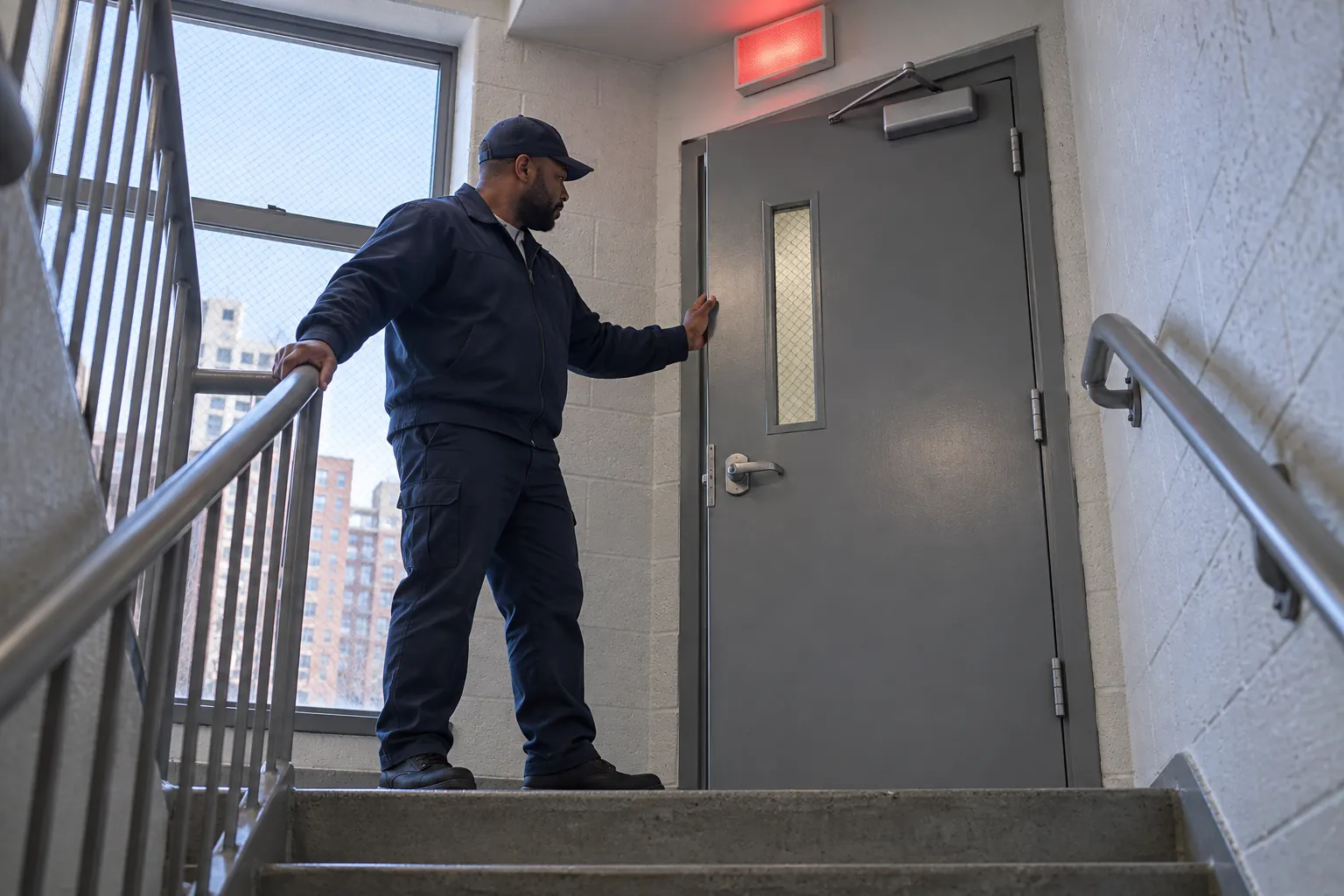 A porter checking that a stairwell fire door closes and latches beside a metal handrail.
