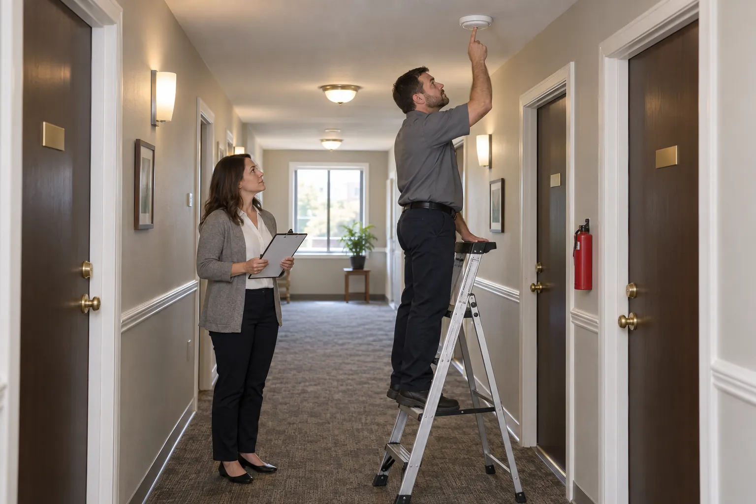 A maintenance technician testing a hallway smoke alarm while a property manager with a clipboard looks on.