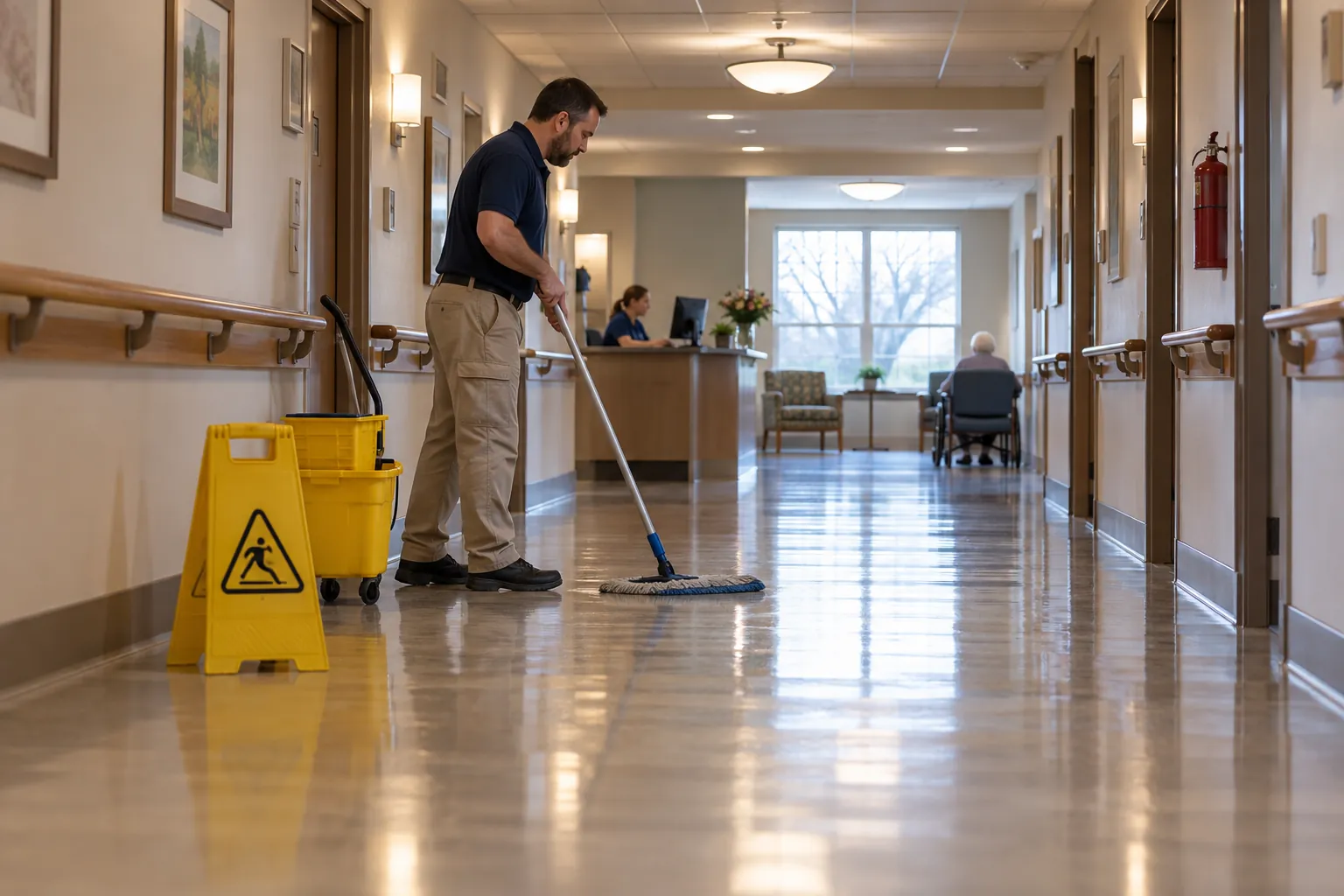 A floor tech mopping a long nursing home corridor with handrails on both sides and a wet floor sign beside the bucket.