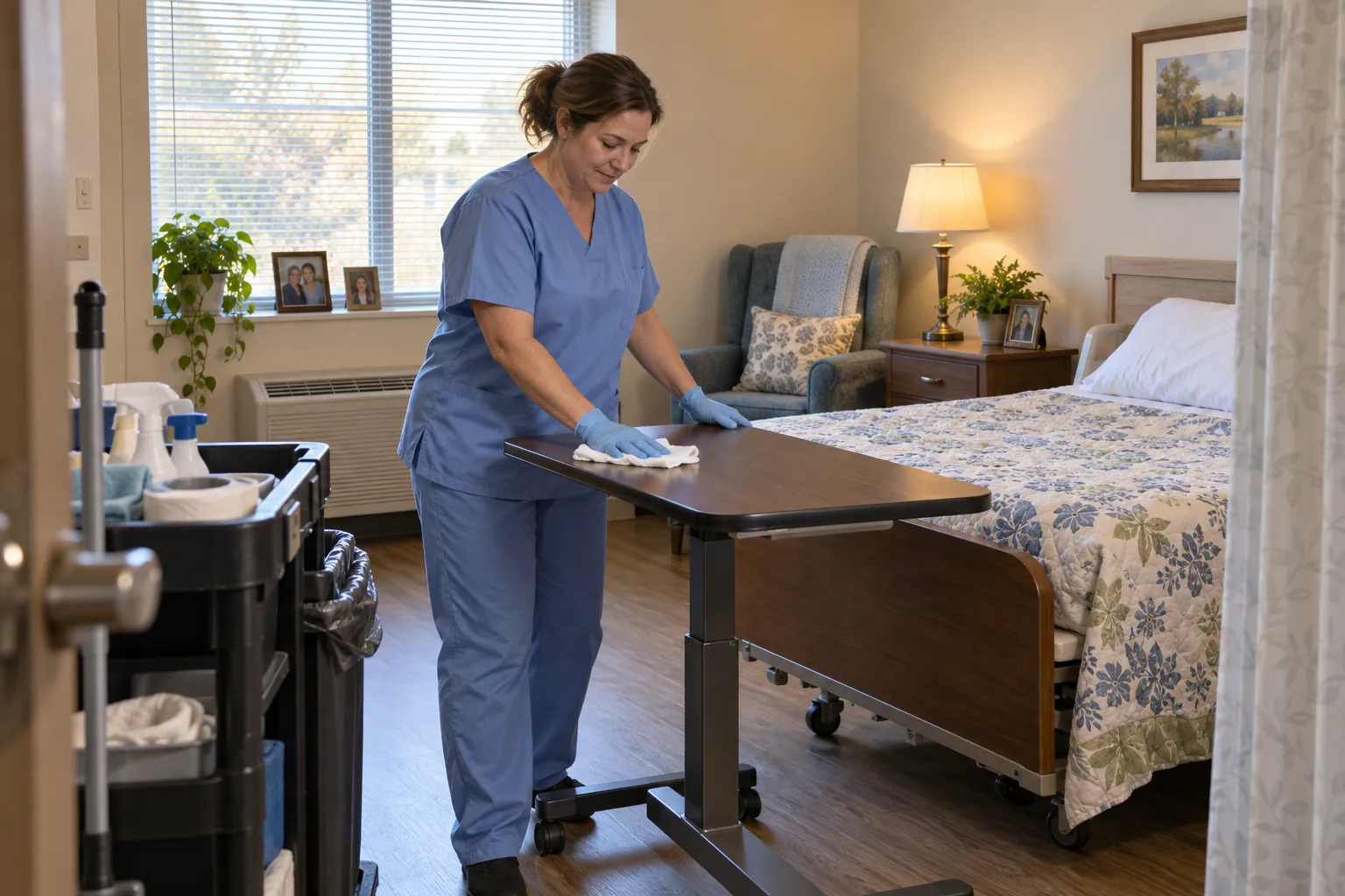 A housekeeper in scrubs and gloves wiping an over-bed table in a tidy nursing home resident room, with her cart by the door.