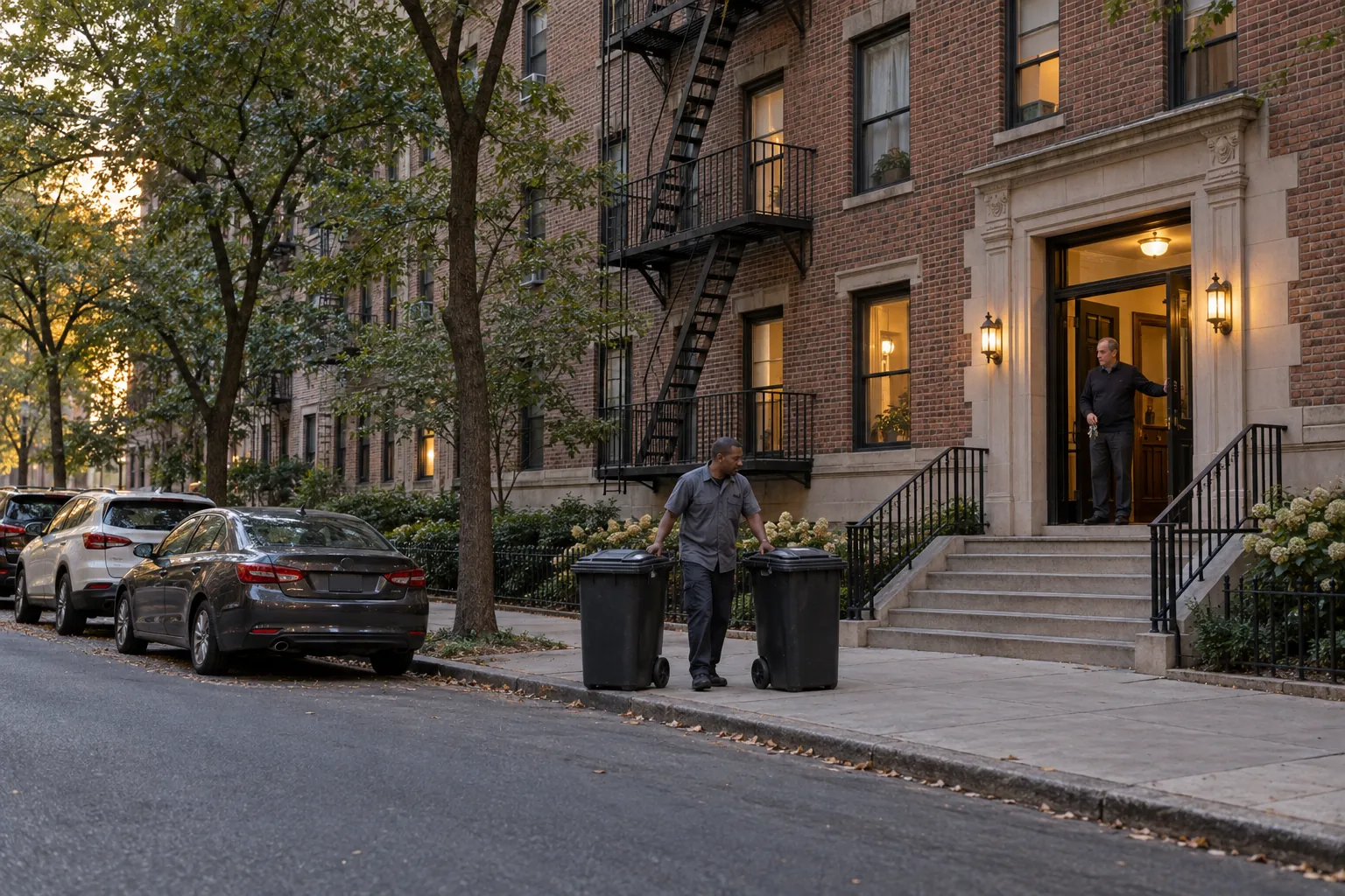 A porter rolling lidded trash bins to the curb outside a brick apartment building while the super holds the front door.