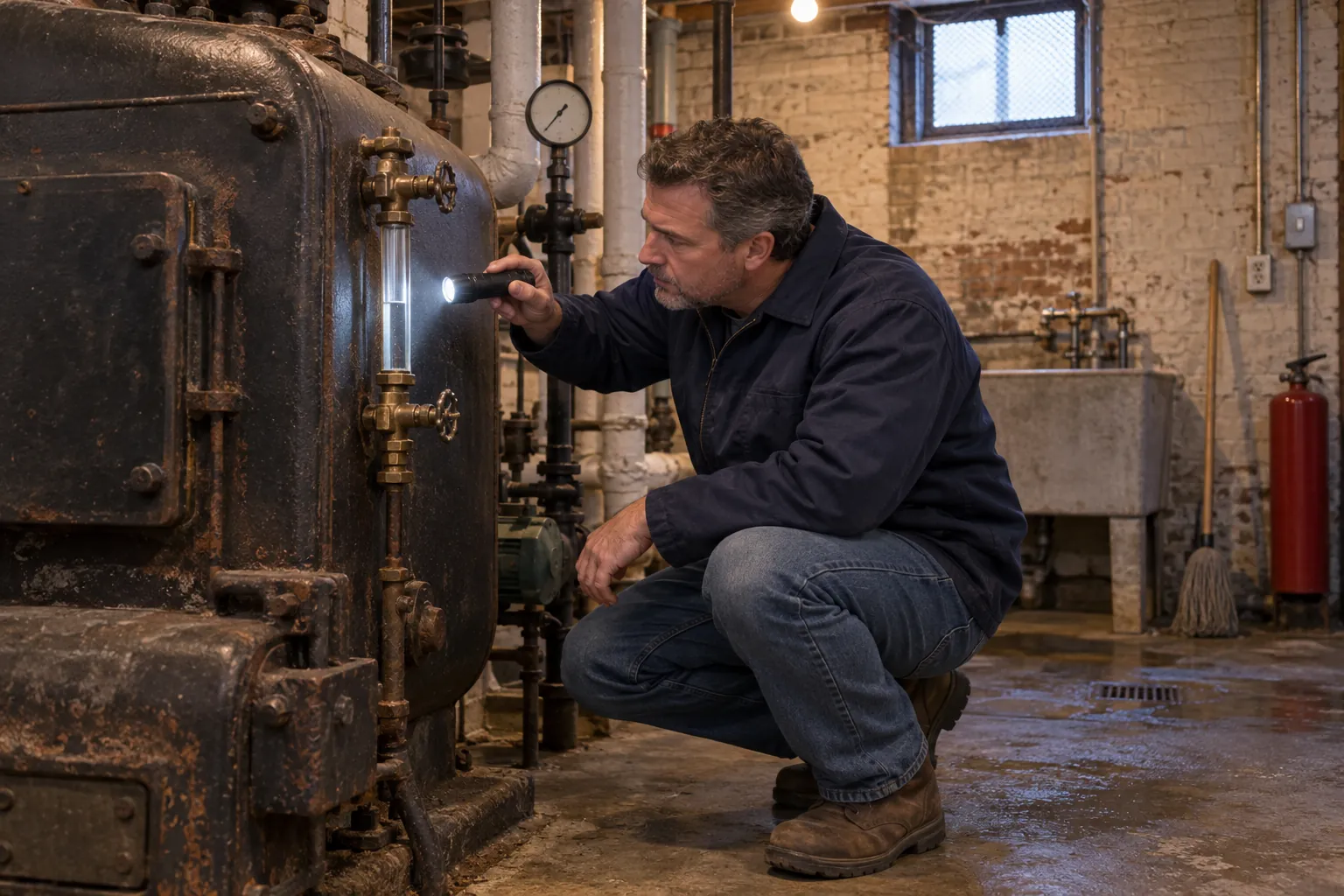 A building superintendent checking the sight glass on an old steam boiler in a brick basement boiler room.