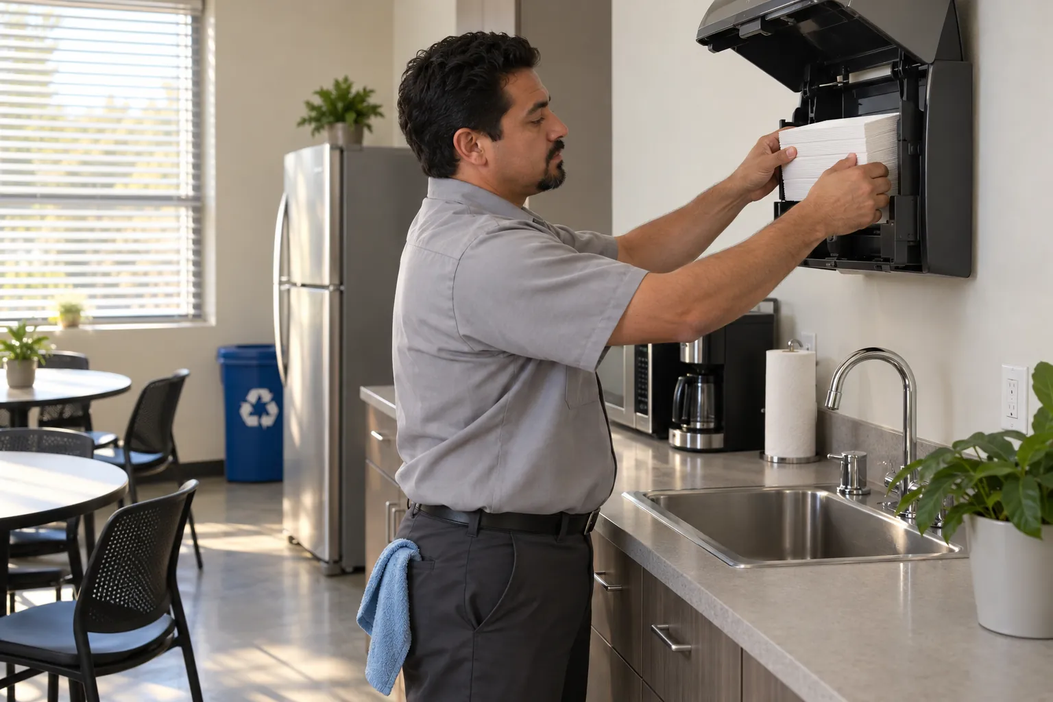 A day porter restocking paper towels beside the sink in a bright office breakroom.