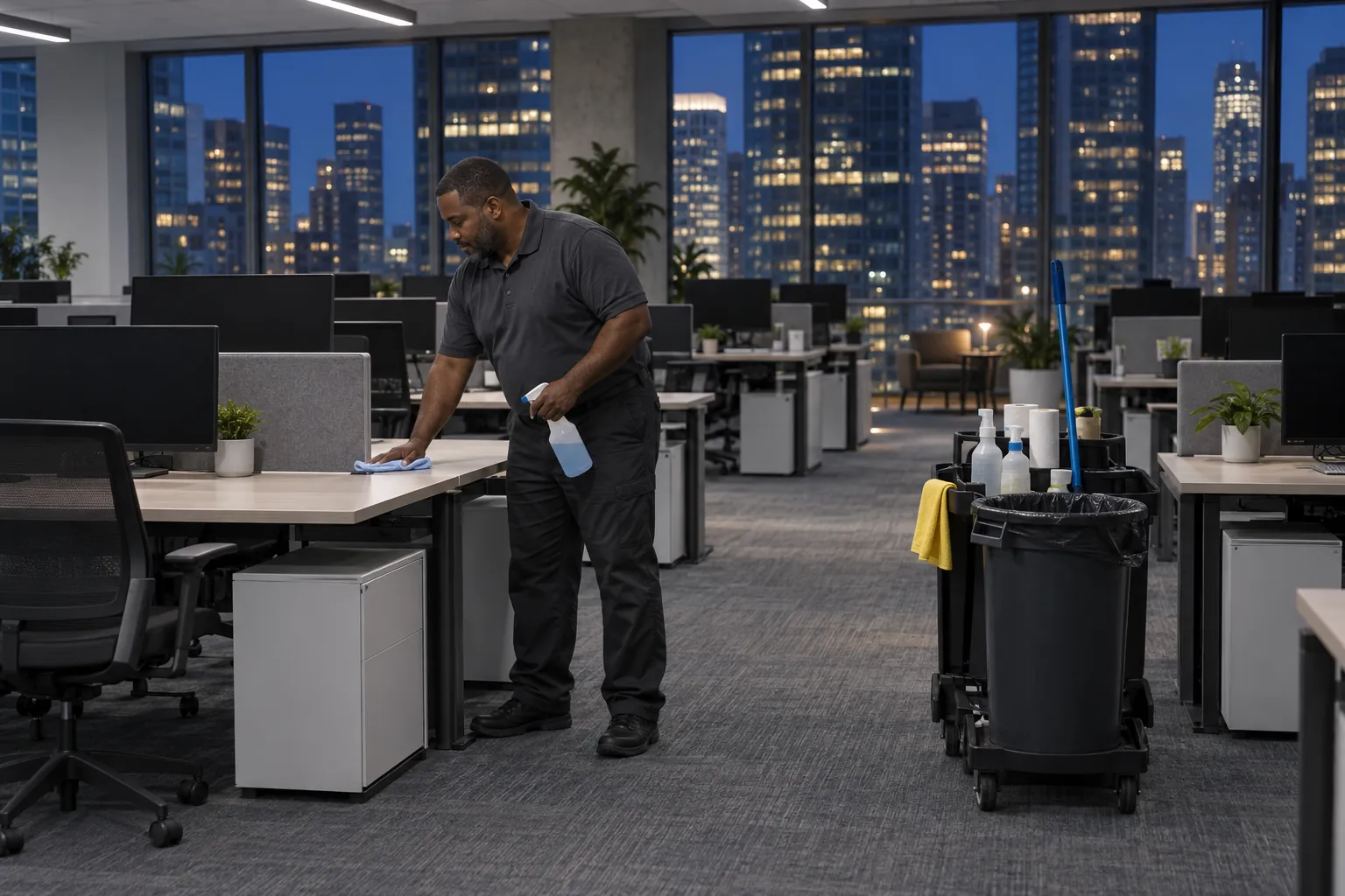 A custodian wiping a cleared desk in an empty open-plan office at night, city lights through the windows.