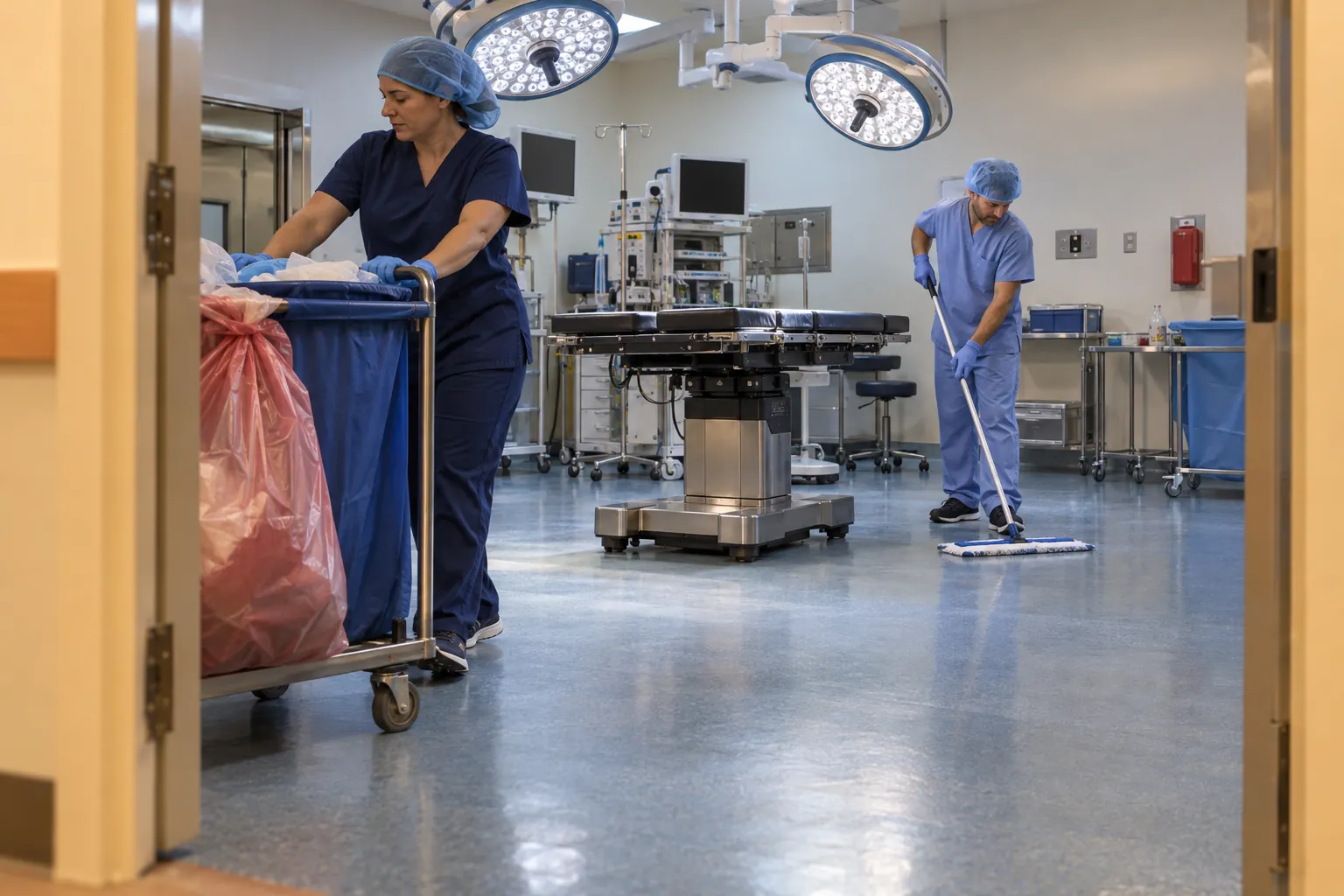Two operating room staff in scrubs clearing linen and trash and mopping the floor around an operating table between cases.