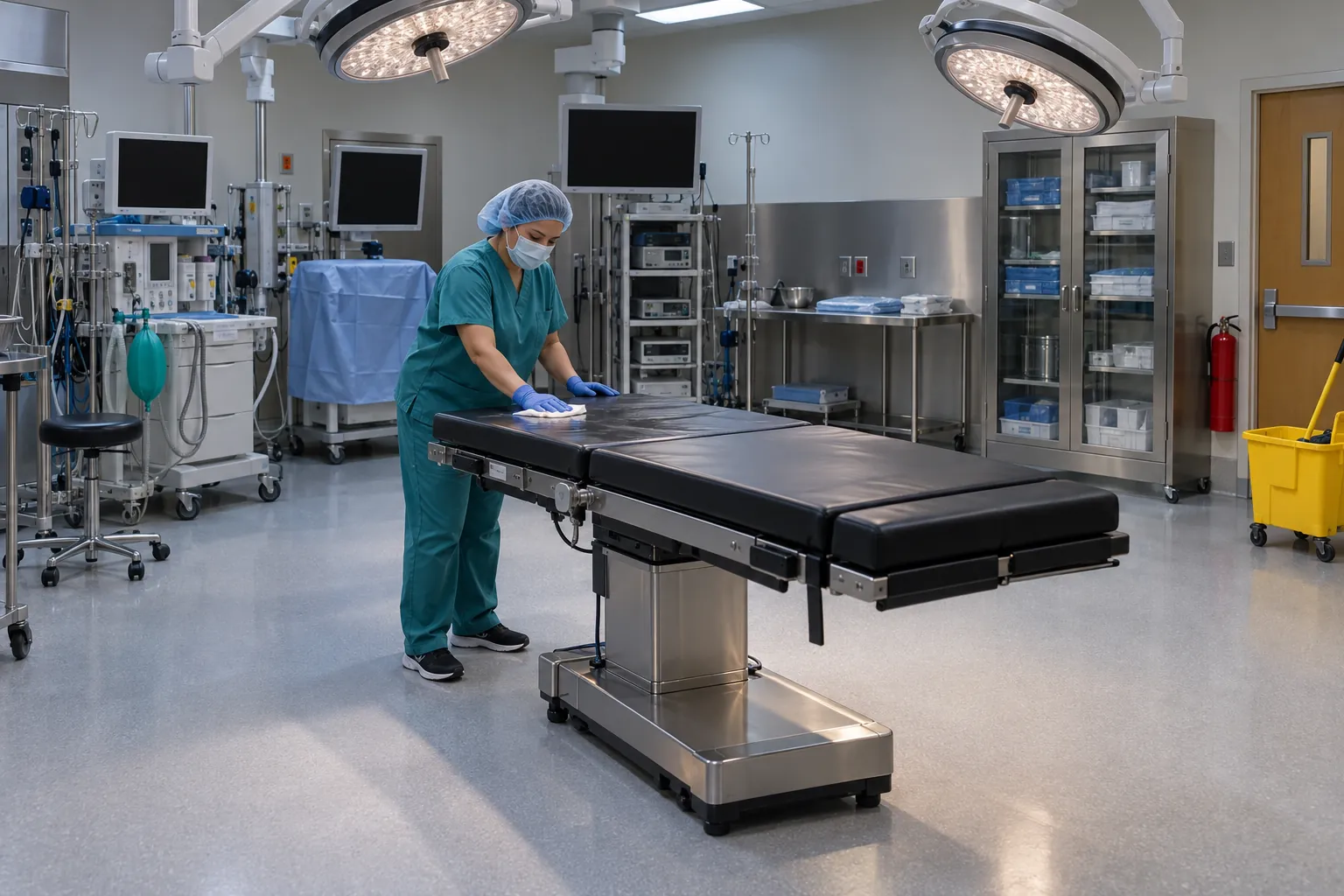 An environmental services technician in scrubs and gloves wiping down an empty operating table in an operating room after the last case.