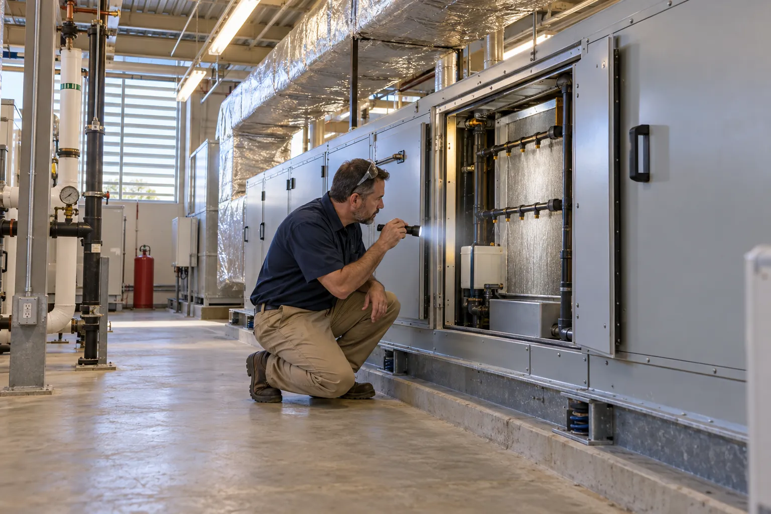 A building engineer checking an open access panel on a large air handling unit in a hospital mechanical room.