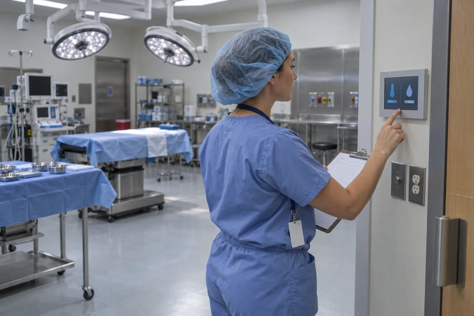 A nurse in scrubs and a cap reading a small wall display beside the door of an empty operating room, holding a clipboard.