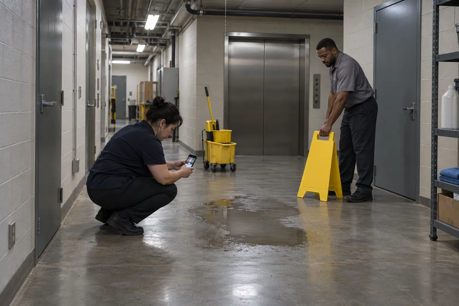 A supervisor photographing a small leak in a service corridor as a custodian places a wet floor sign.