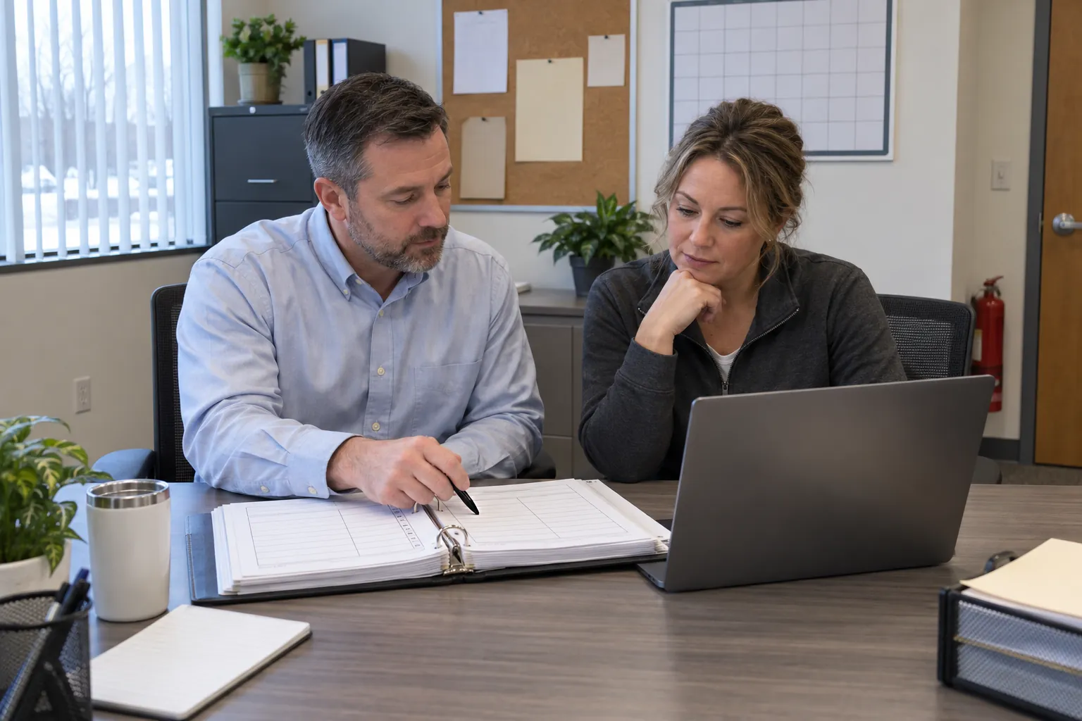 Two managers at an office table reviewing a binder of forms beside a laptop.