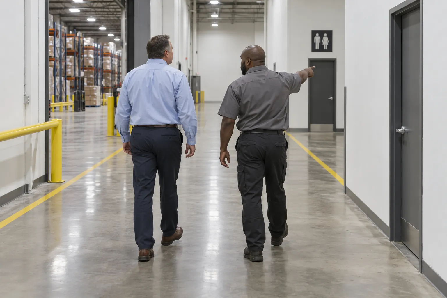 A facility manager and a building engineer in a warehouse corridor, the engineer pointing toward a restroom sign down the hall.
