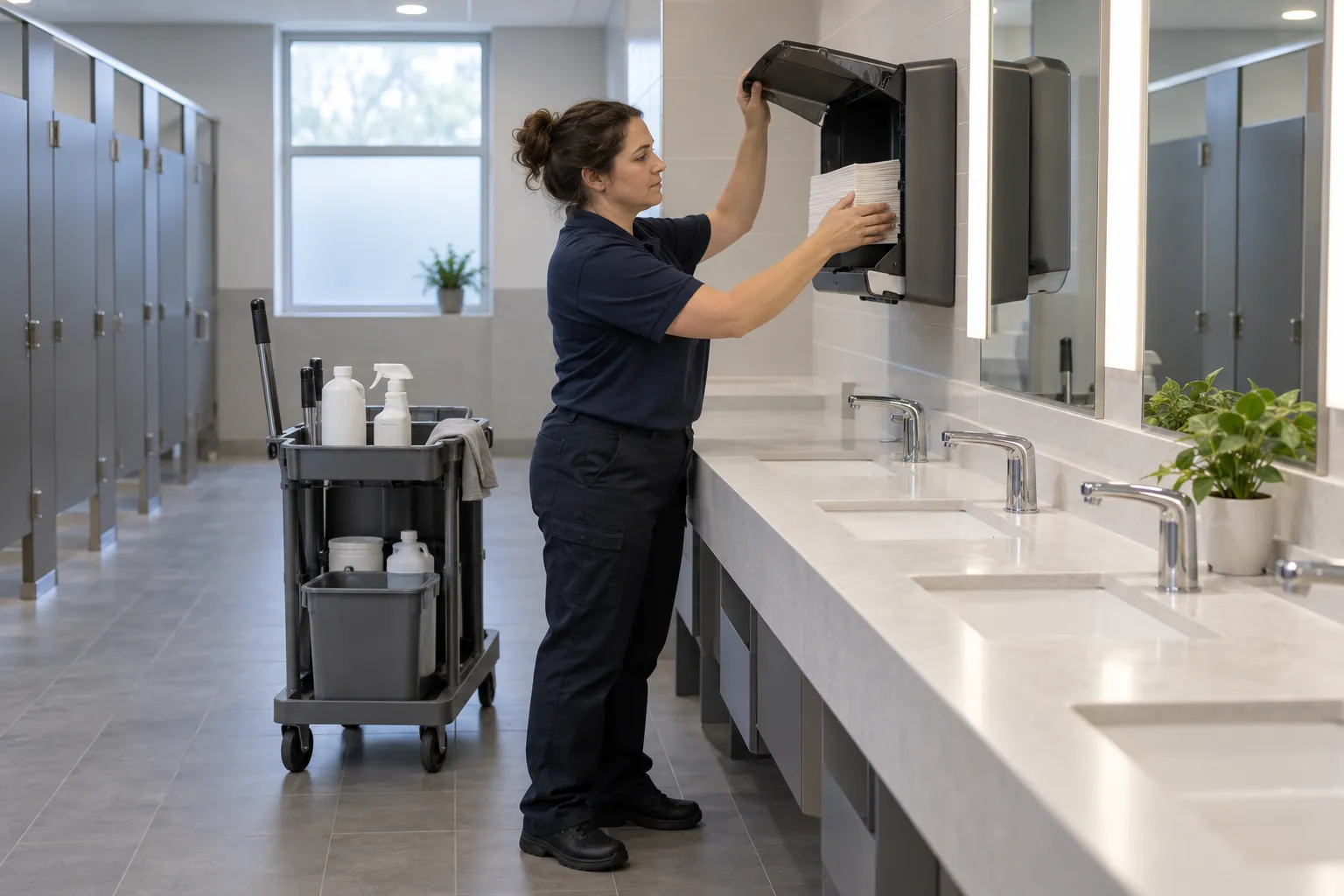 A custodian refilling a paper towel dispenser above a row of sinks in a bright office employee restroom.