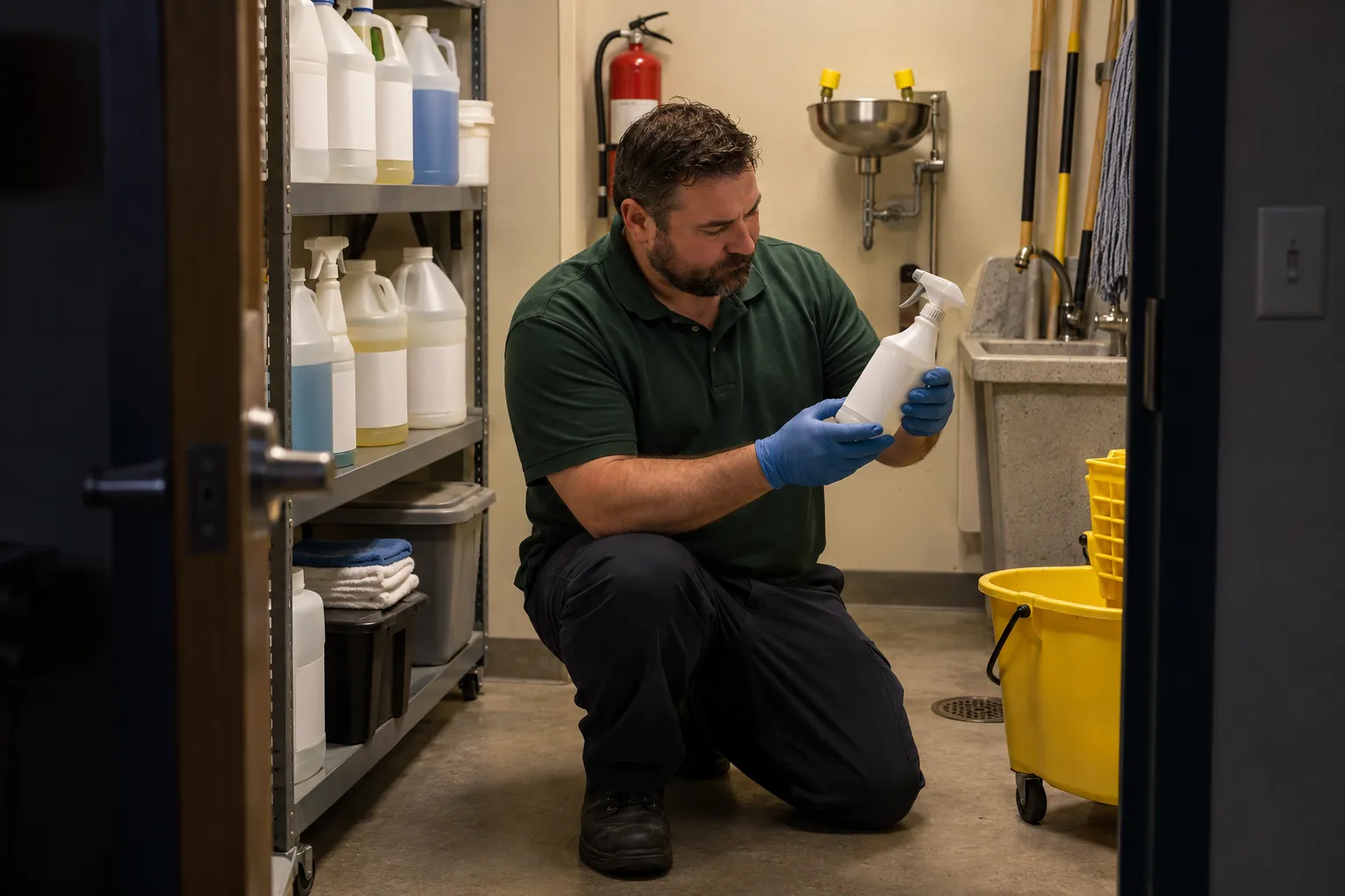A night custodian checking the label on a spray bottle in a custodial closet beside a wall-mounted eyewash station.