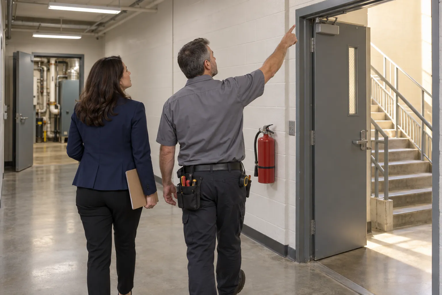 A property manager and a building engineer looking up at an exit sign above a stair door during a walk of a back corridor.