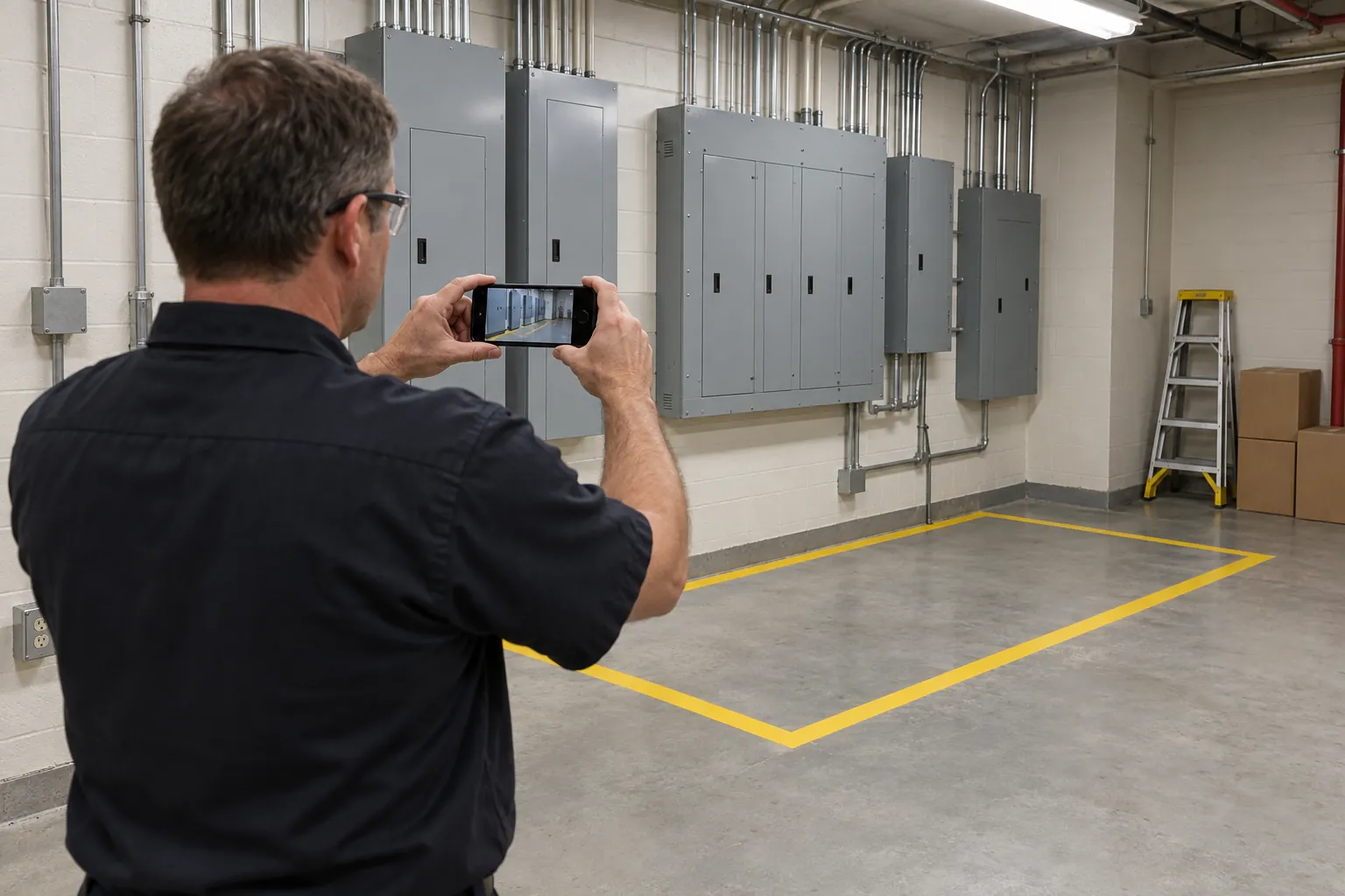 A building engineer photographing a cleared area in front of electrical panels in a basement room.