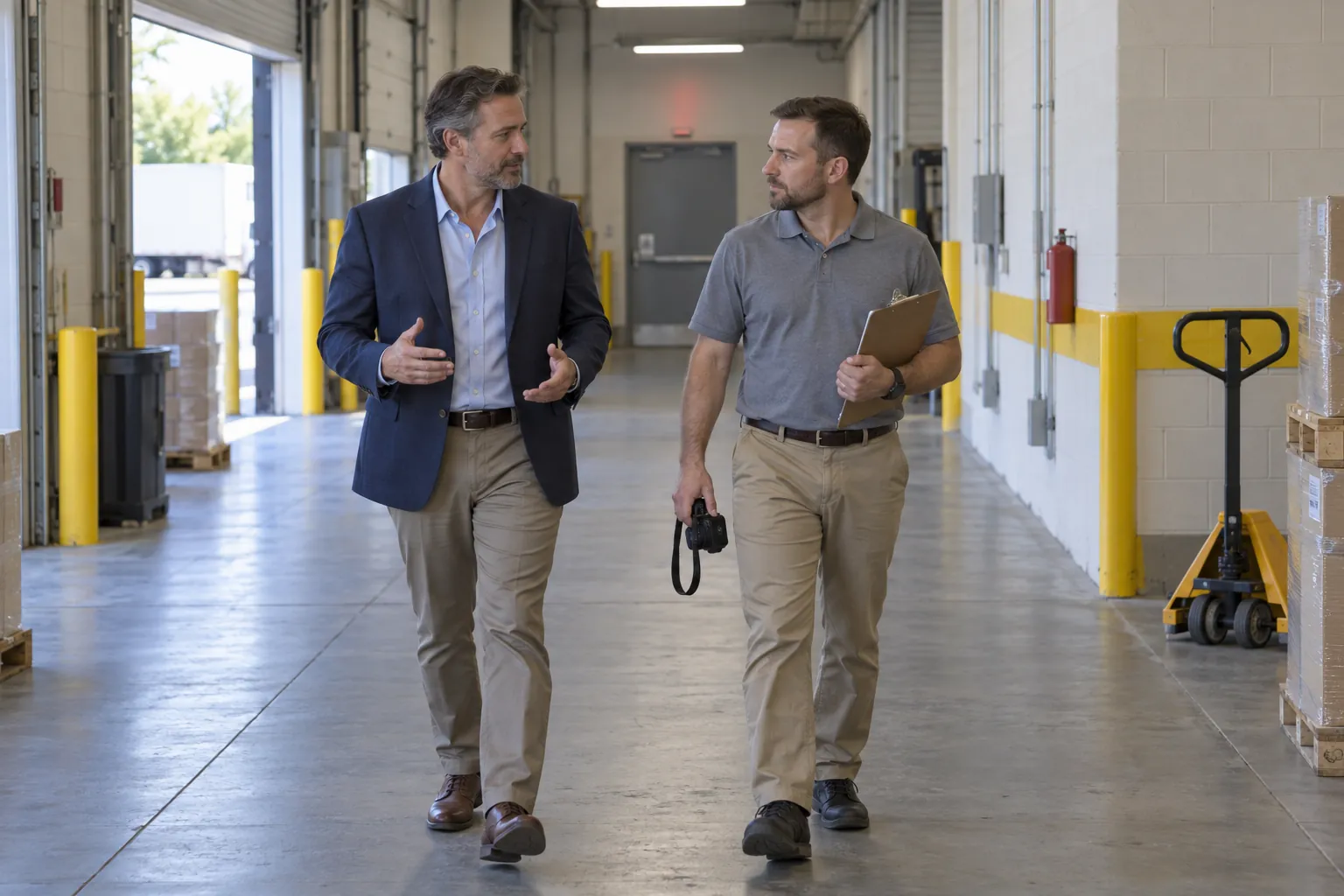 A facility manager walking a back-of-house corridor with a visitor carrying a clipboard and camera.