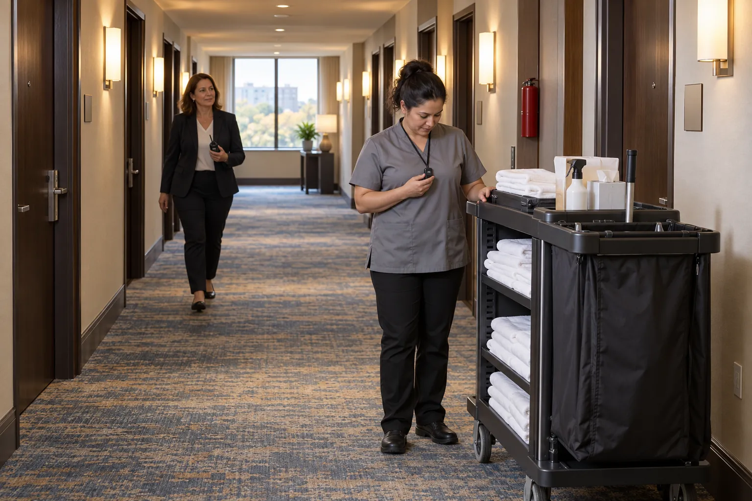 A hotel room attendant checking a small pendant on her lanyard as a supervisor with a radio walks toward her down a hotel corridor.