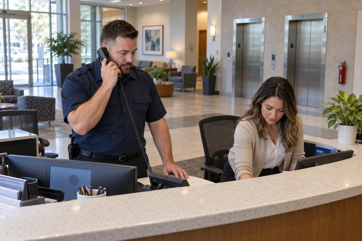 A security officer on a desk phone while a receptionist reaches under the counter of a medical office lobby desk.