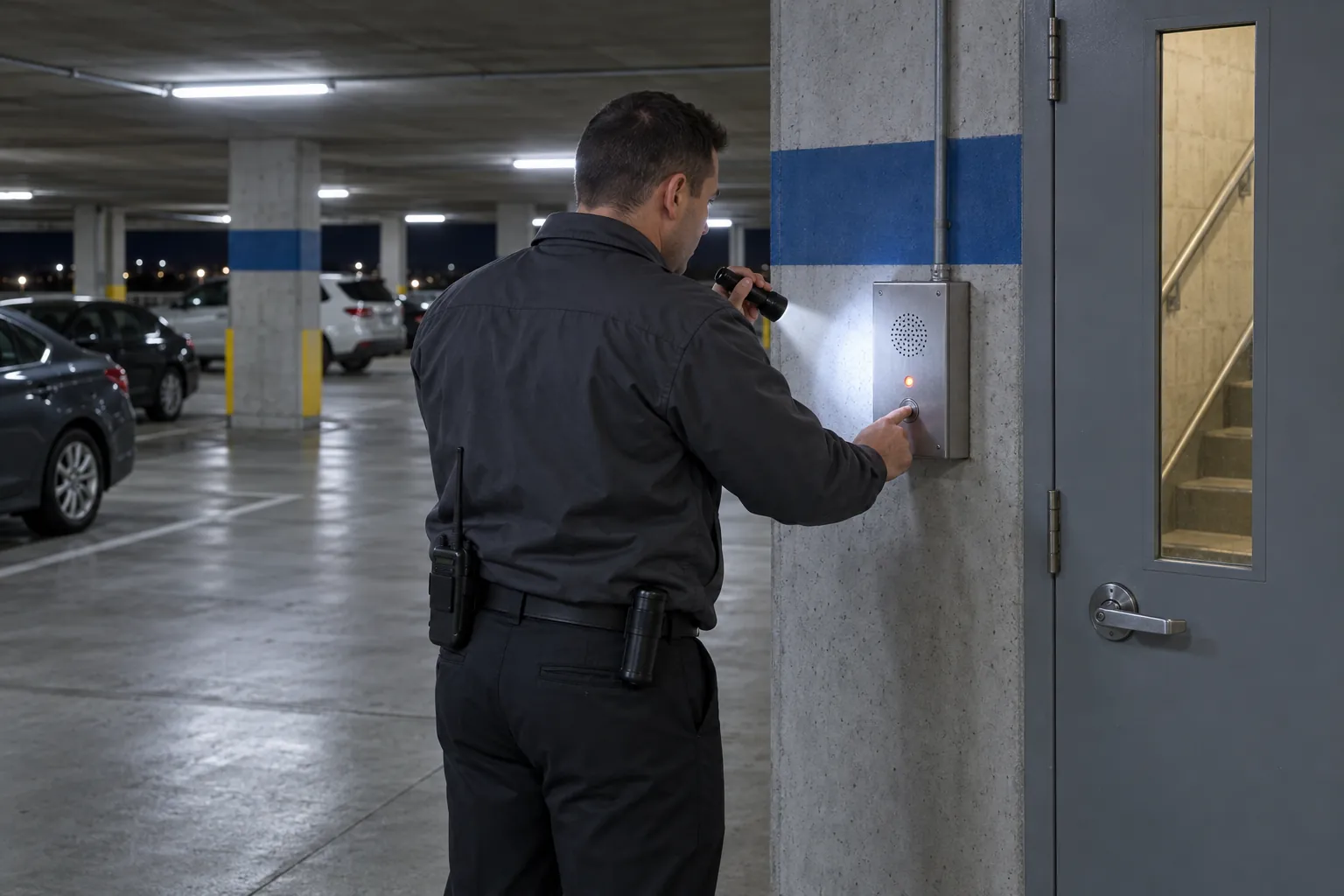 A security officer checking an emergency call station with a flashlight on a lit level of a parking garage at night.