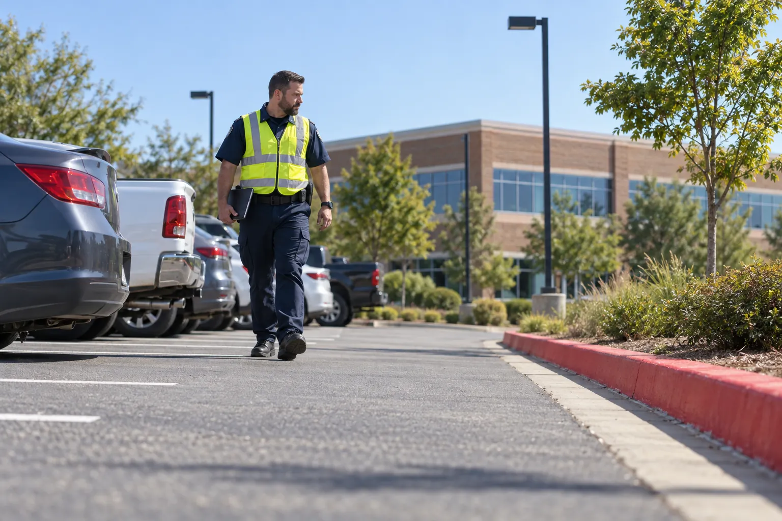 A security officer in a high-visibility vest walking a row of parked cars beside a red-painted curb in an office park parking lot.