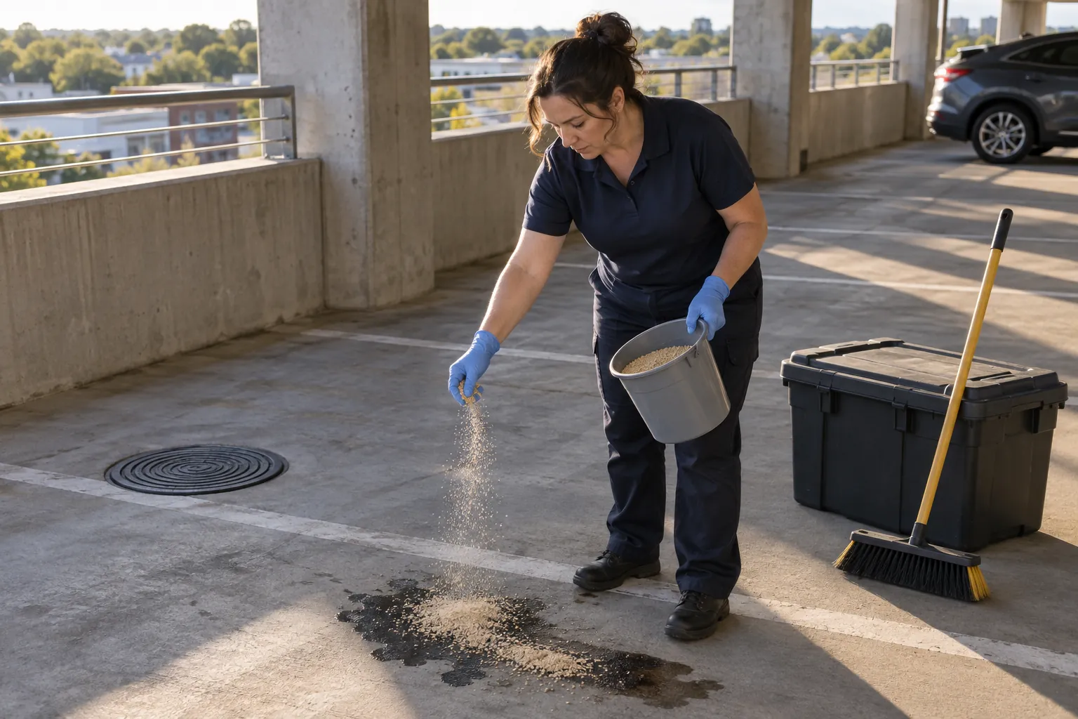A custodian in gloves spreading absorbent on an oil stain in a garage parking stall, with a broom, a spill kit and a covered floor drain nearby.