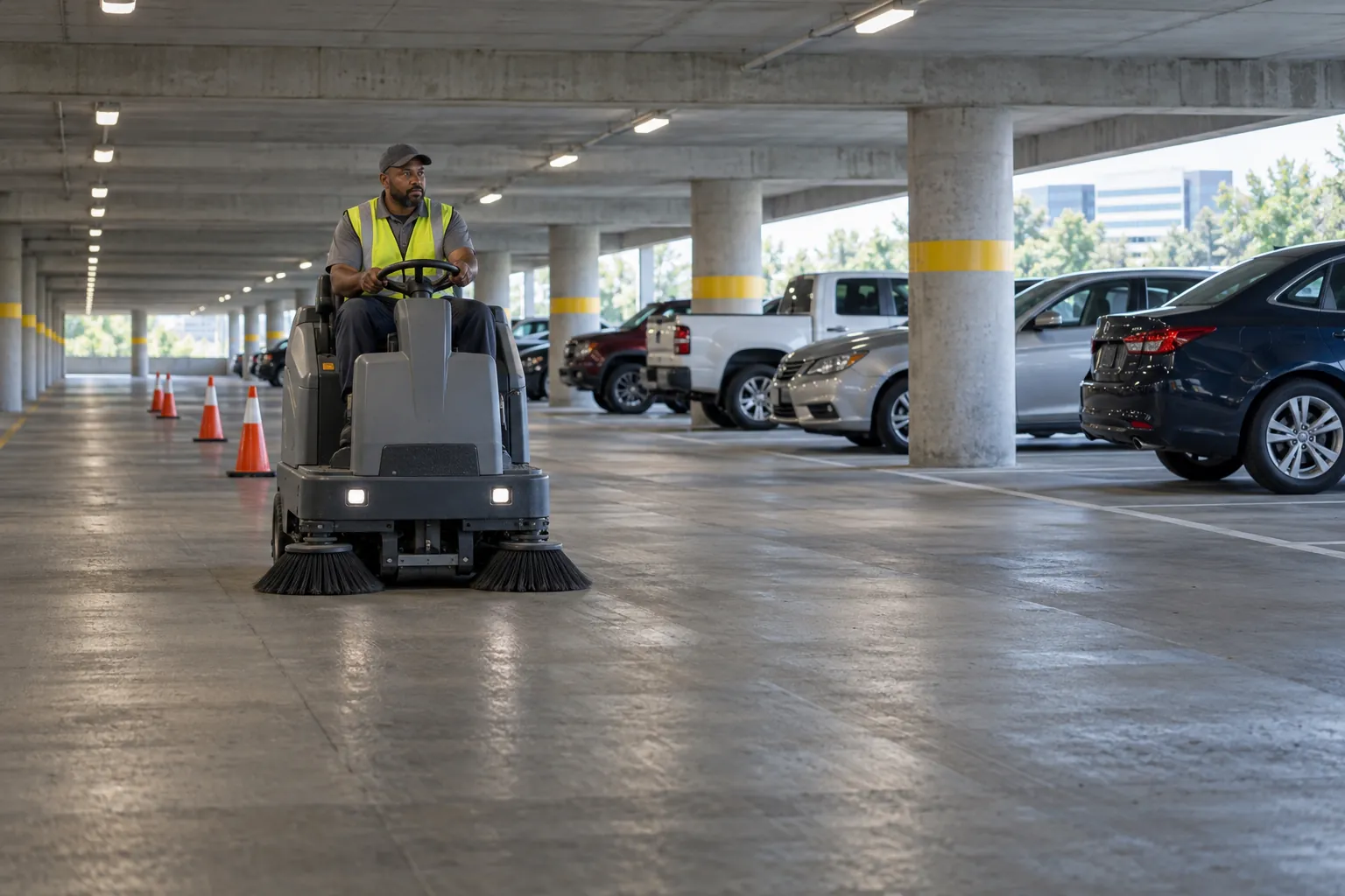 A porter in a high-visibility vest driving a small ride-on sweeper down an empty aisle of a concrete parking garage, with cones behind him.
