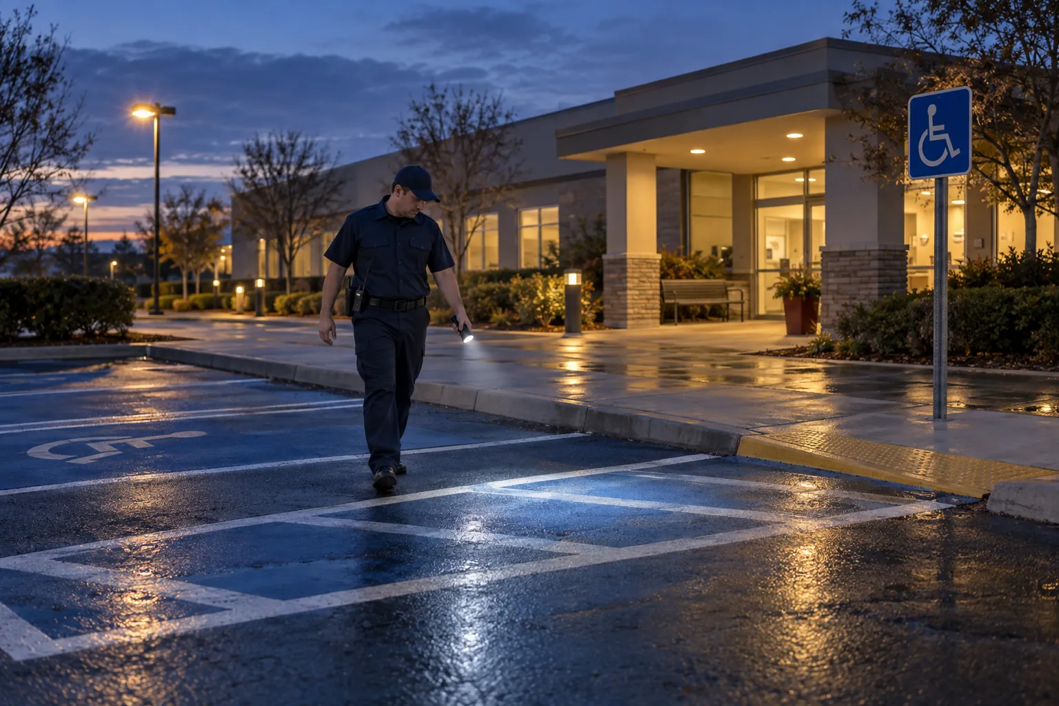 A security officer checking a striped access aisle beside accessible parking spaces outside a clinic at dusk, with parking lot lights coming on.