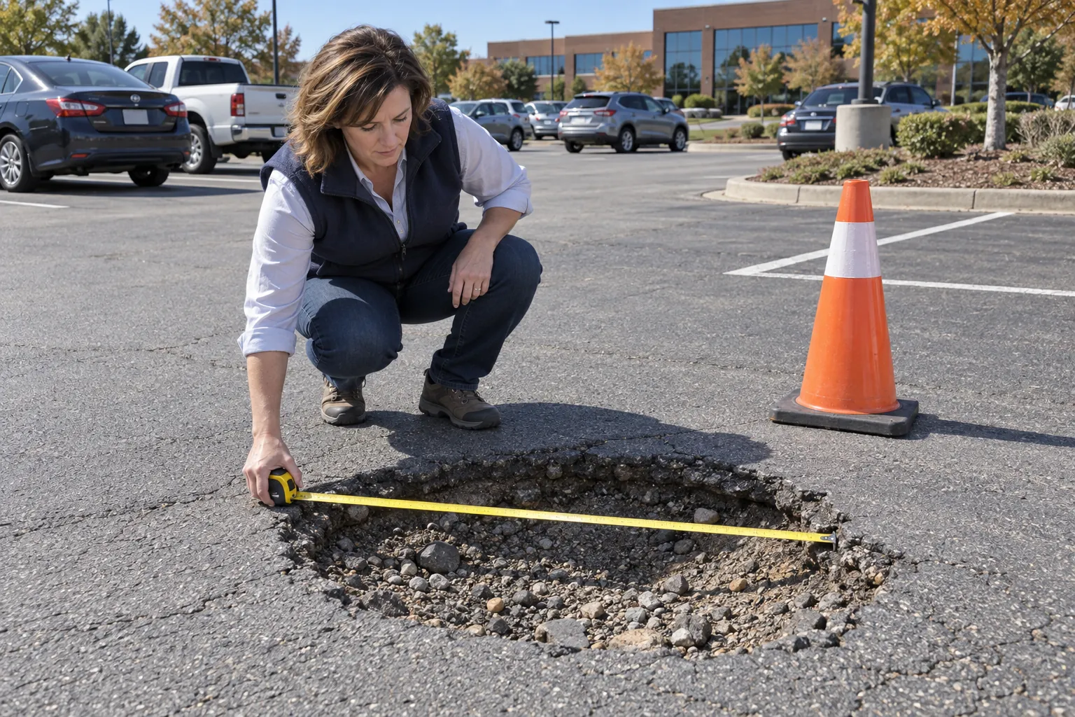 A facility manager crouching beside a crack in an office parking lot, measuring it with a tape measure next to an orange traffic cone.