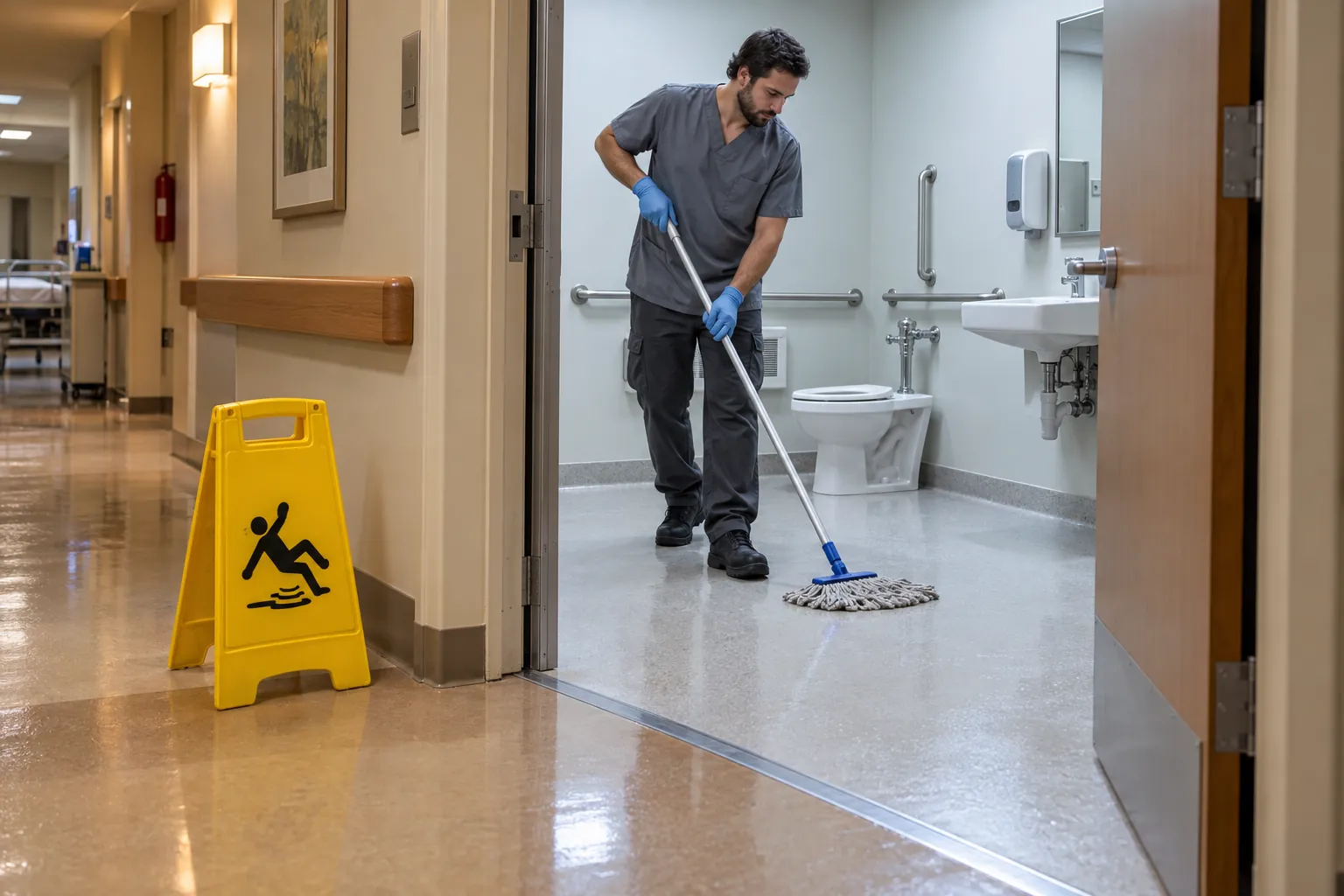 A housekeeper mopping a hospital patient bathroom floor toward the doorway, with a yellow wet floor sign in the corridor behind him.