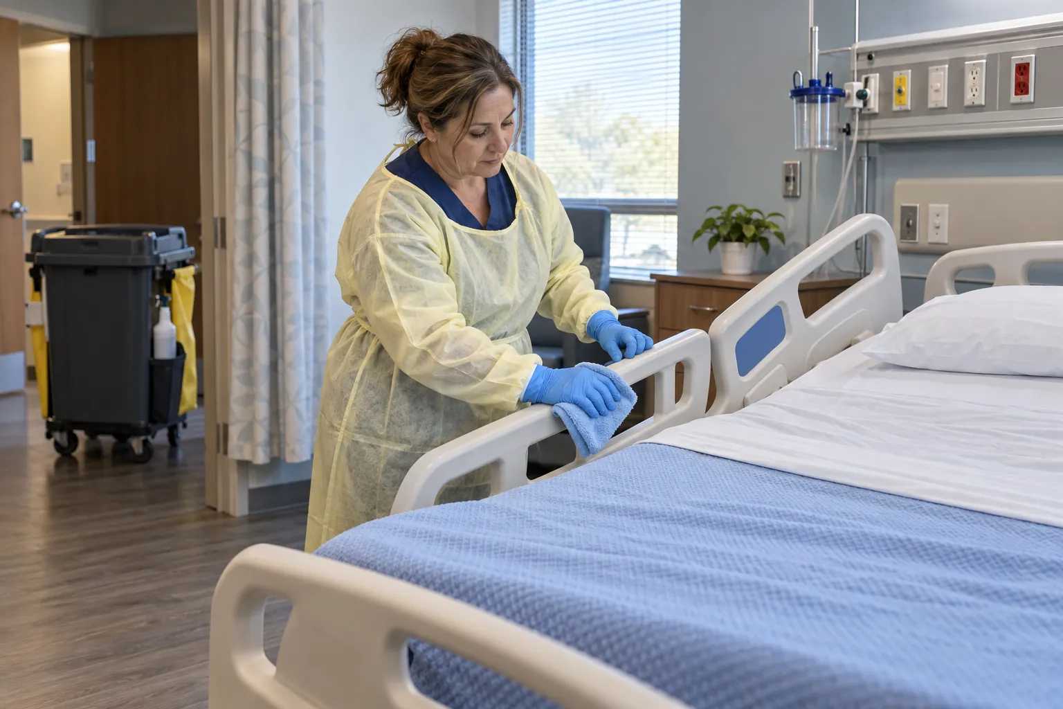 An environmental services technician in a gown and gloves wiping the side rail of a hospital bed in a patient room, with a housekeeping cart by the door.