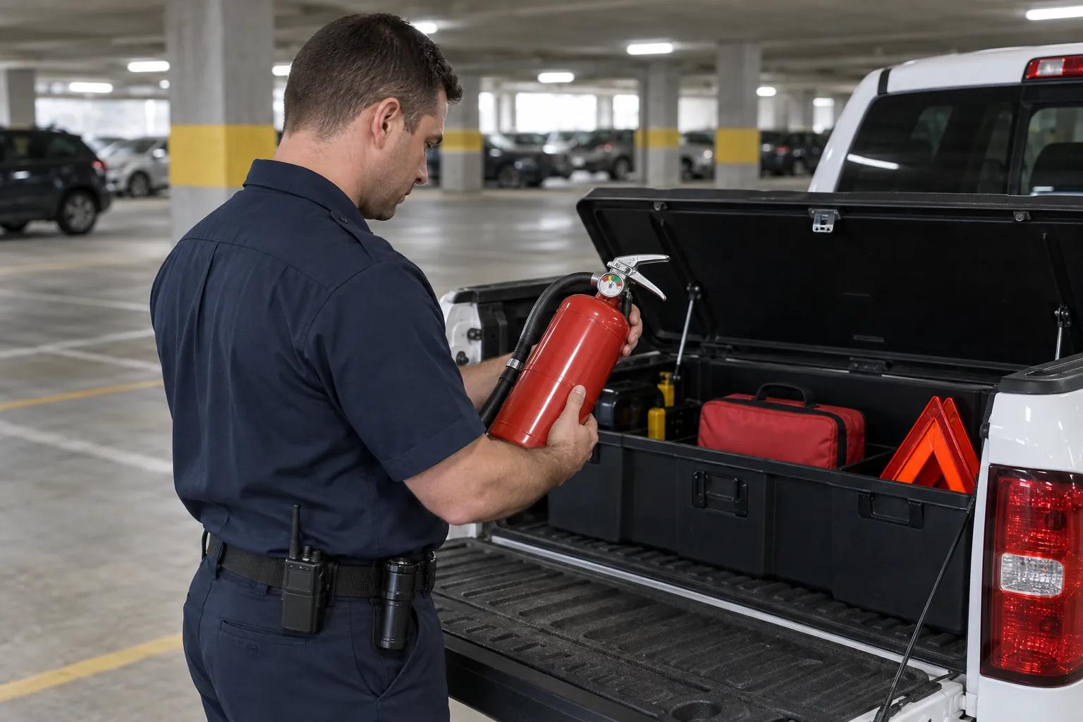 A security officer checking the gauge on a fire extinguisher from the equipment box of a patrol pickup in a parking garage.