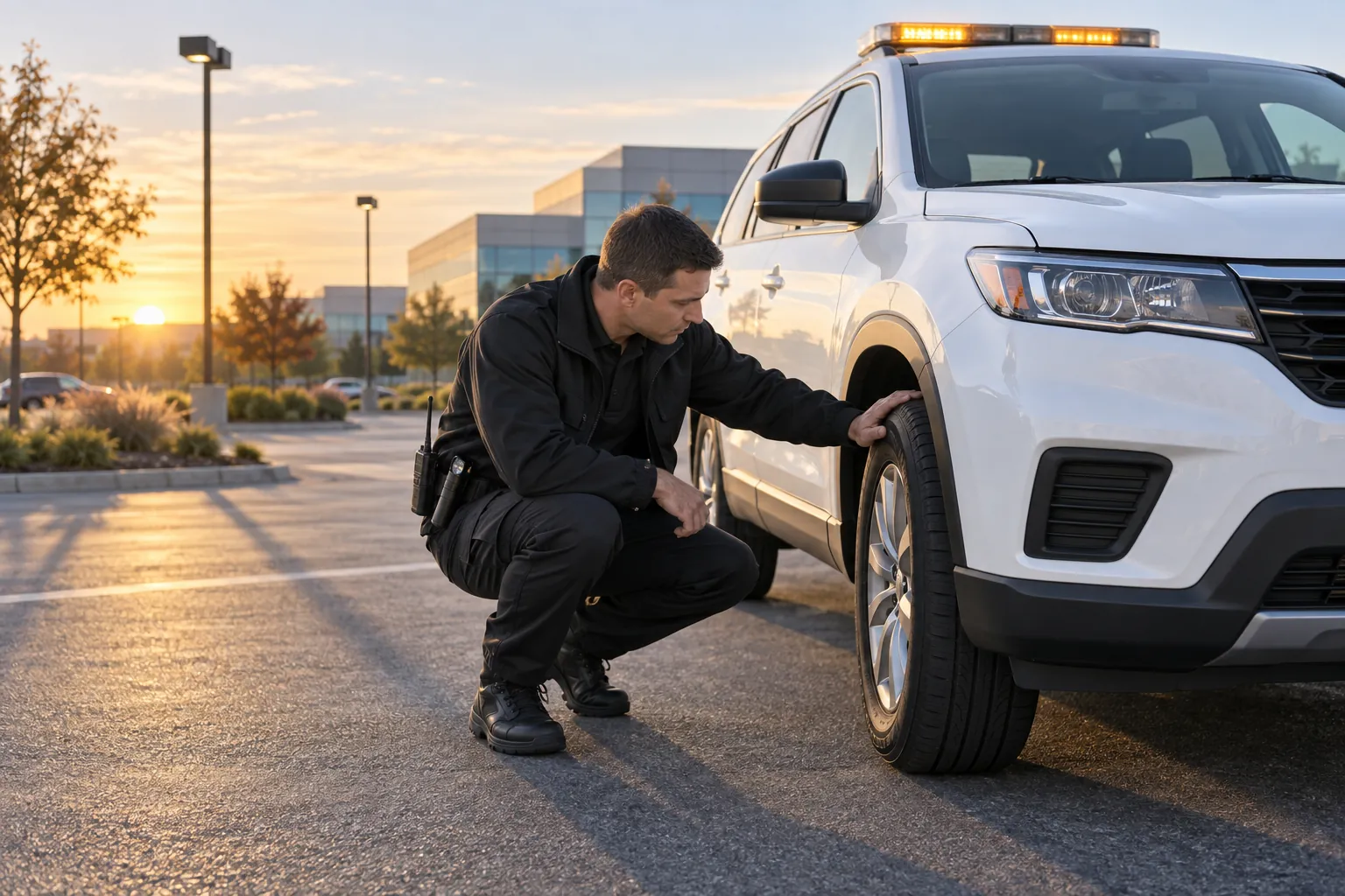 A security officer crouching to check the front tire of a white patrol SUV with an amber light bar in an office parking lot at dawn.