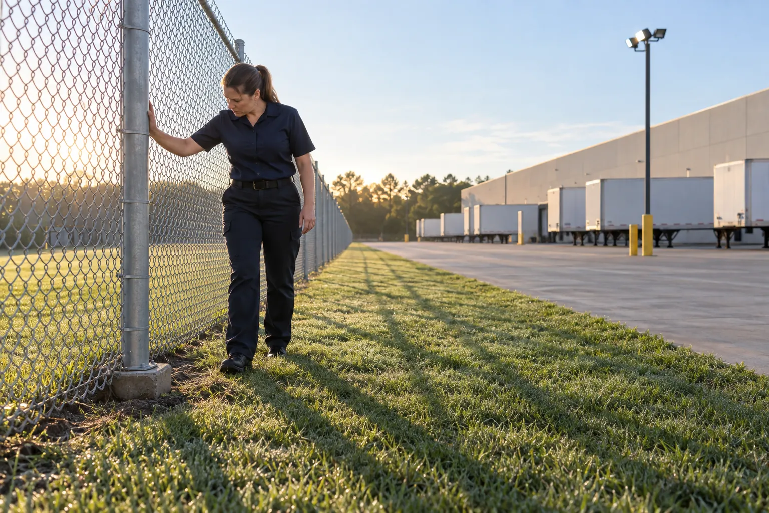 A security officer walking beside a chain link fence behind a warehouse, checking the base of a fence post.