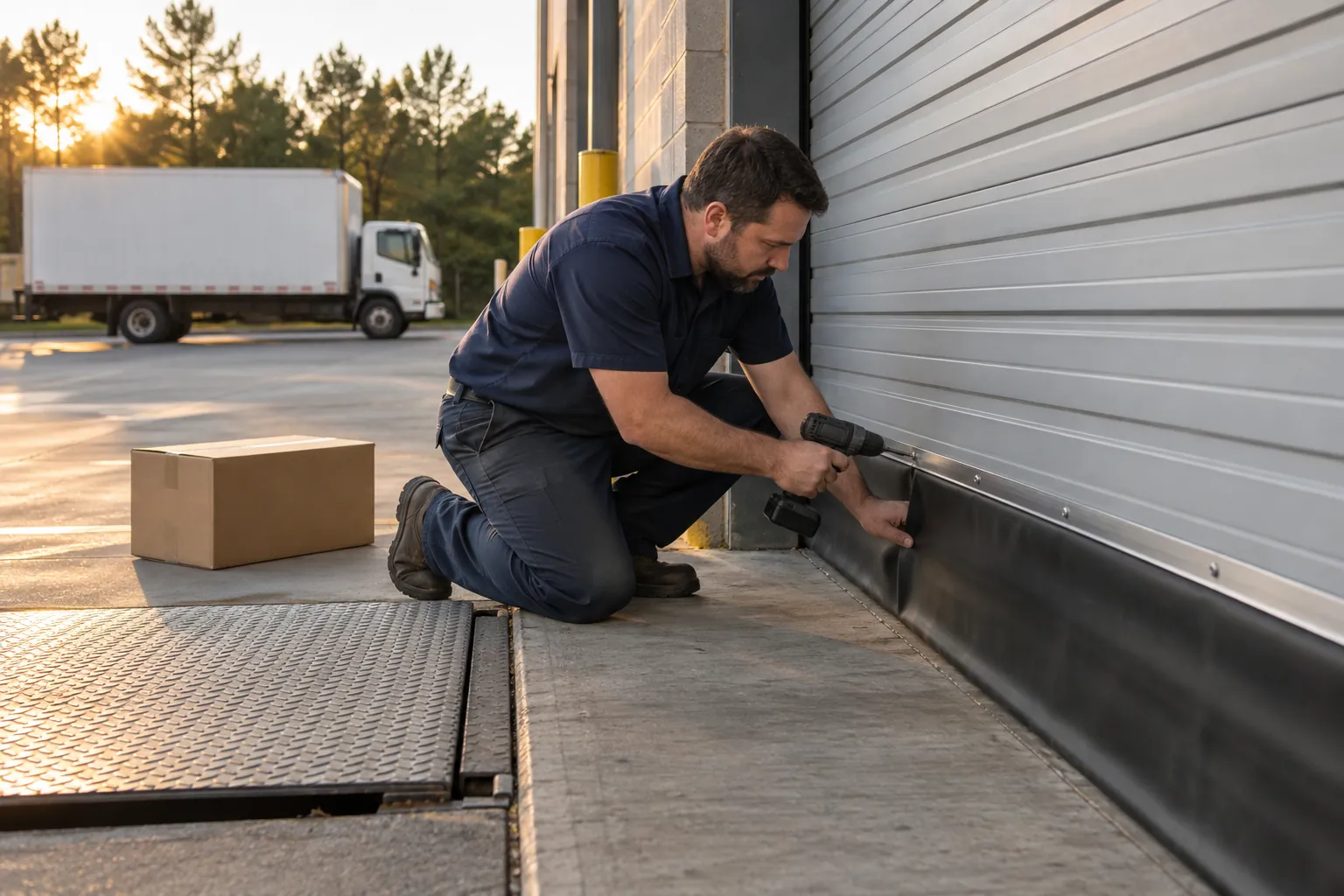 A building engineer kneeling at a loading dock rollup door, fitting a rubber sweep along its bottom edge with a cordless drill.