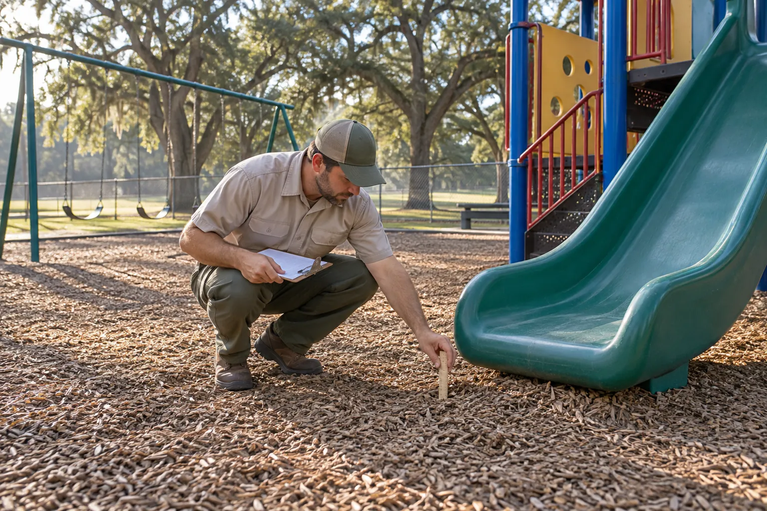 A parks maintenance worker crouching at the foot of a playground slide, measuring the wood mulch depth with a ruler, clipboard in hand.