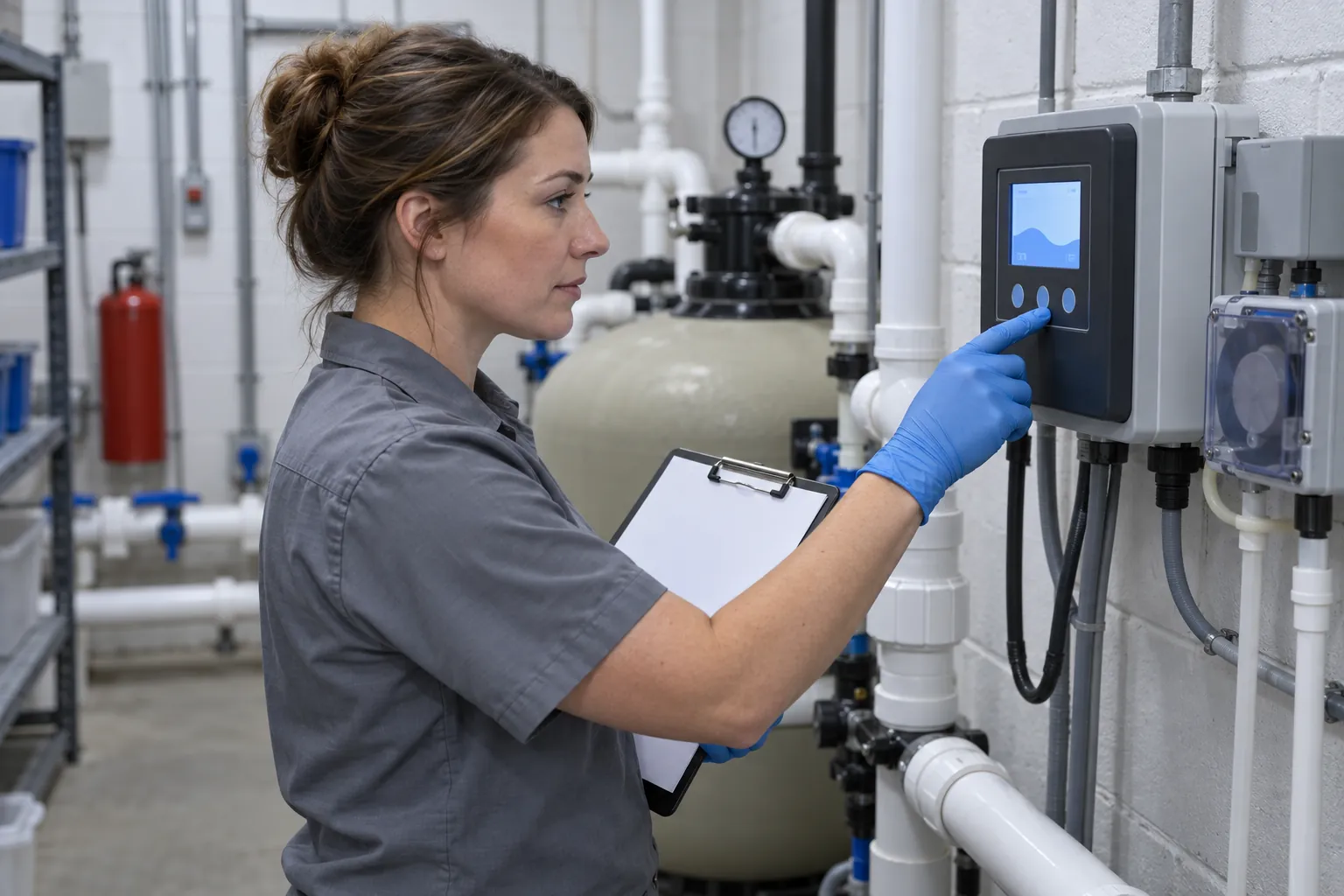 A facilities worker in gloves reading a wall-mounted pool chemical controller in a pool equipment room.