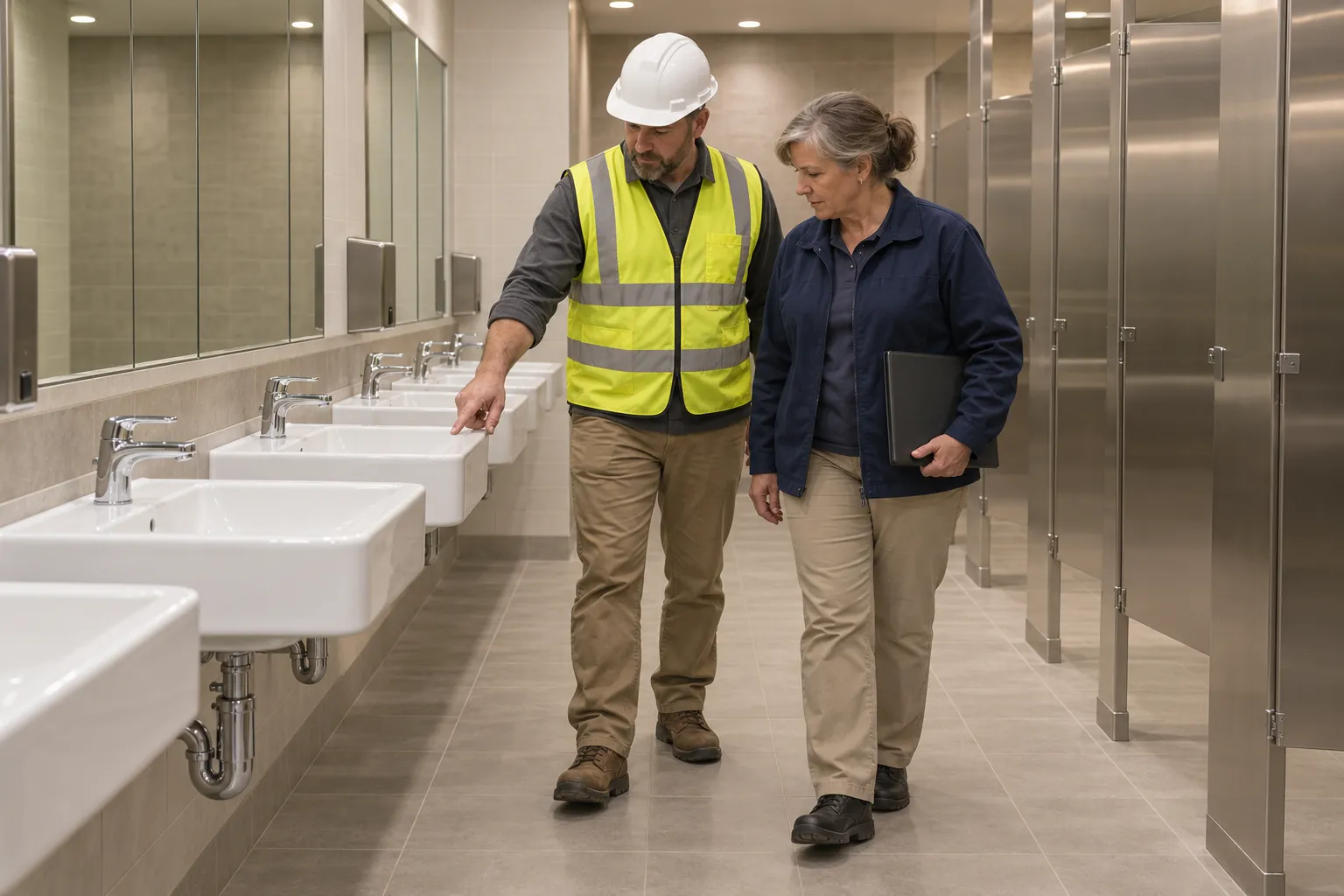 A cleaning crew lead and a construction superintendent inspecting a row of newly cleaned sinks in a finished restroom.