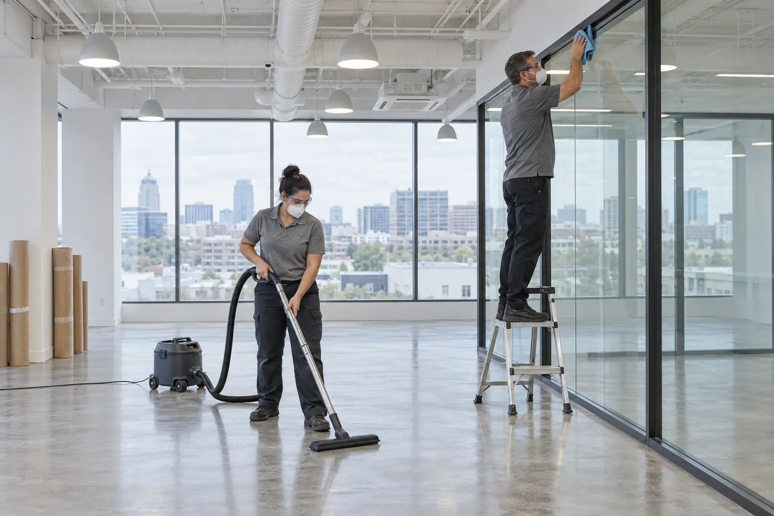 Two cleaners in dust masks vacuuming a concrete floor and wiping a glass partition frame on a newly fitted-out, empty office floor.